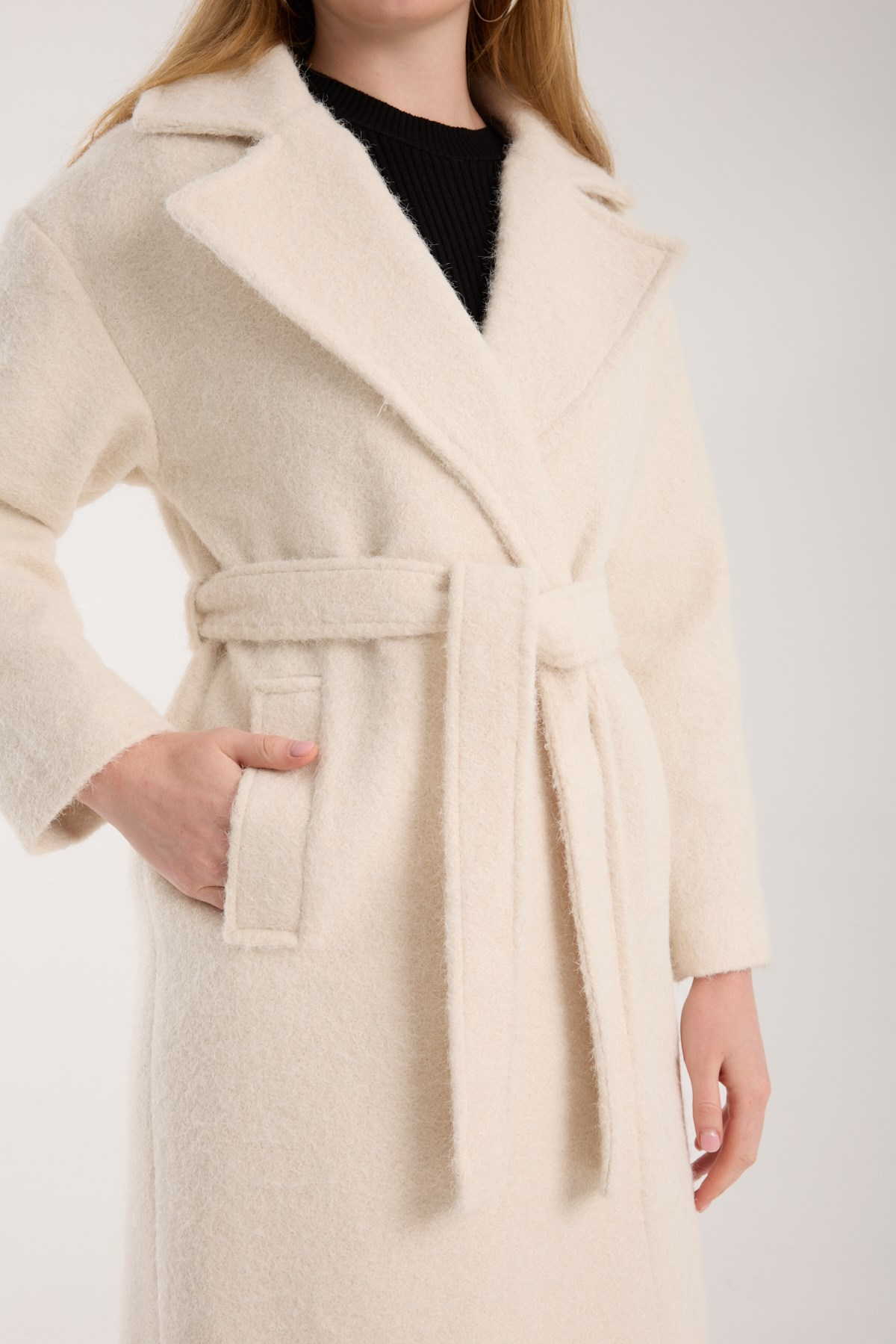 Ekru Buklet Kaşe Oversize Kaban 