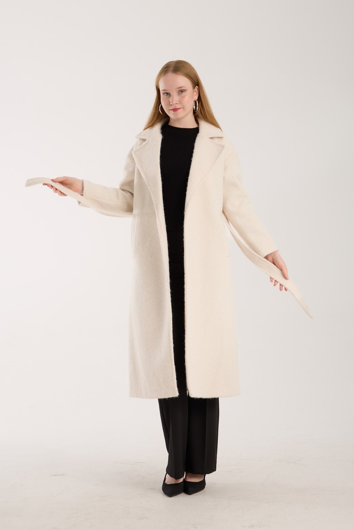 Ekru Buklet Kaşe Oversize Kaban 