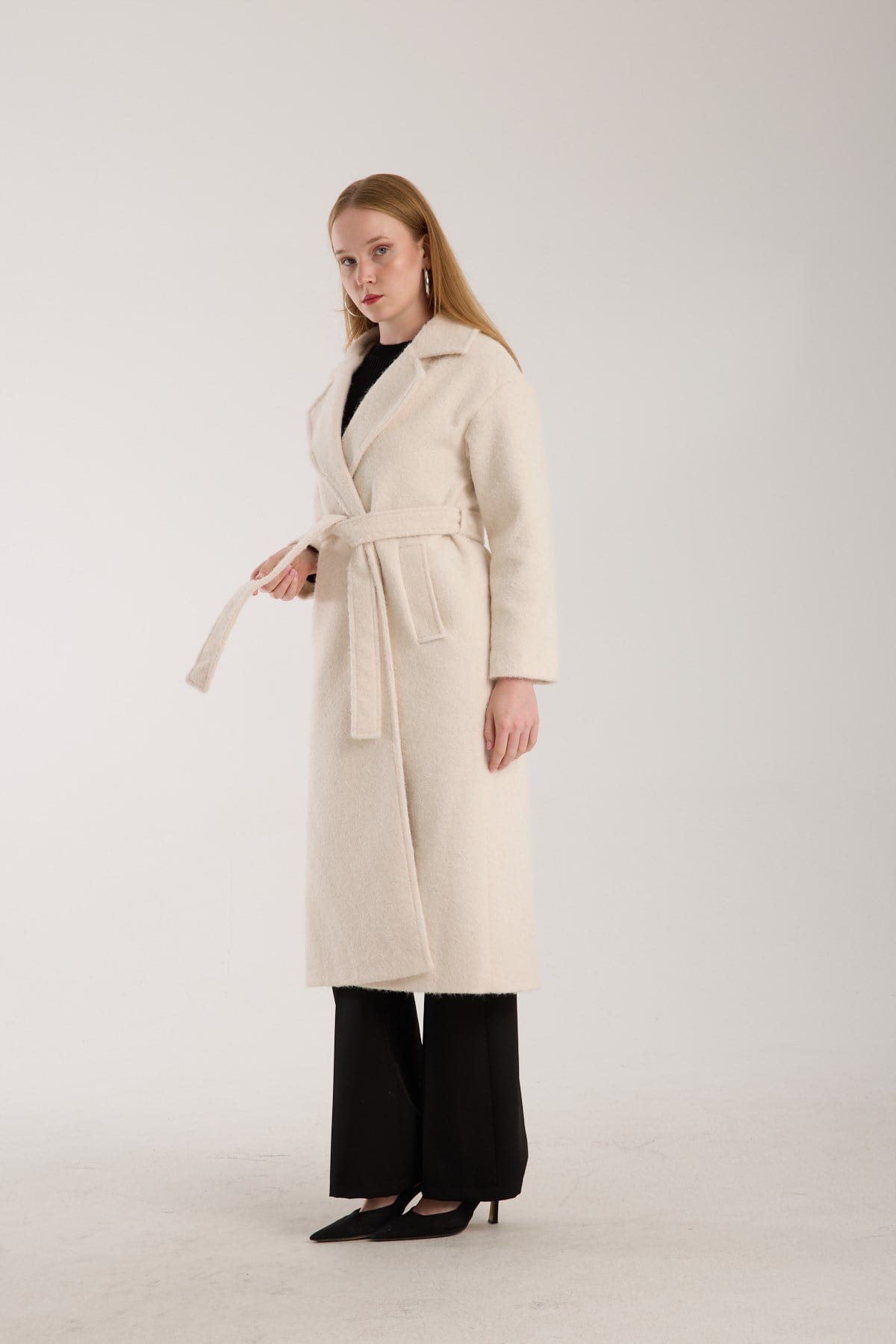 Ekru Buklet Kaşe Oversize Kaban 