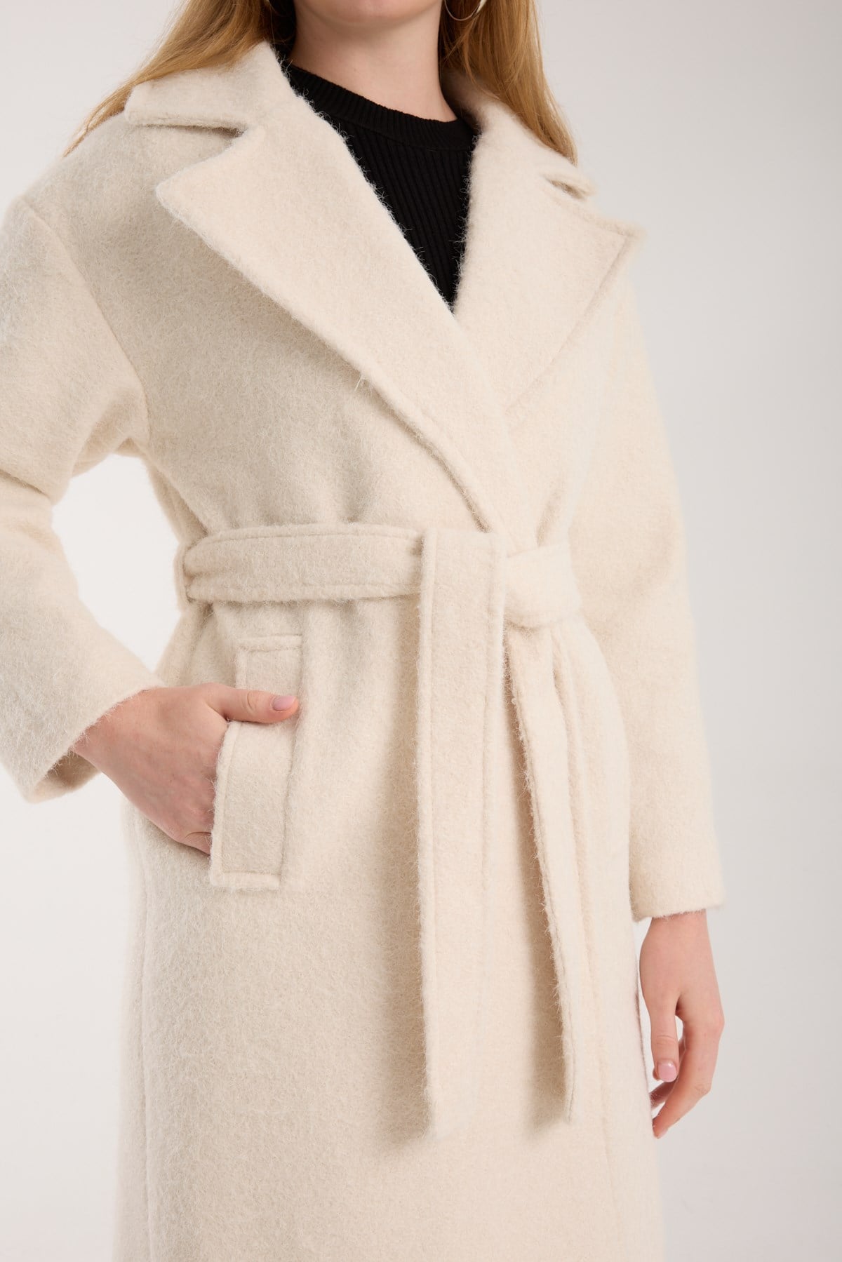 Ekru Buklet Kaşe Oversize Kaban 