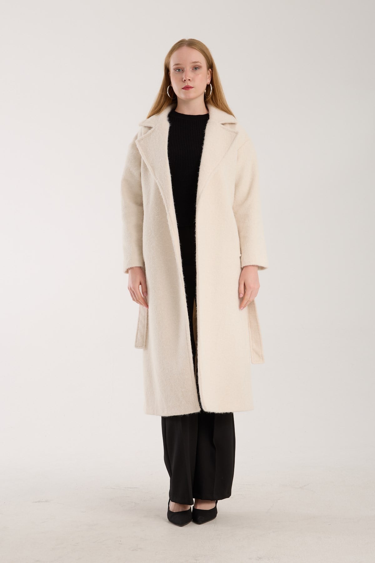 Ekru Buklet Kaşe Oversize Kaban 