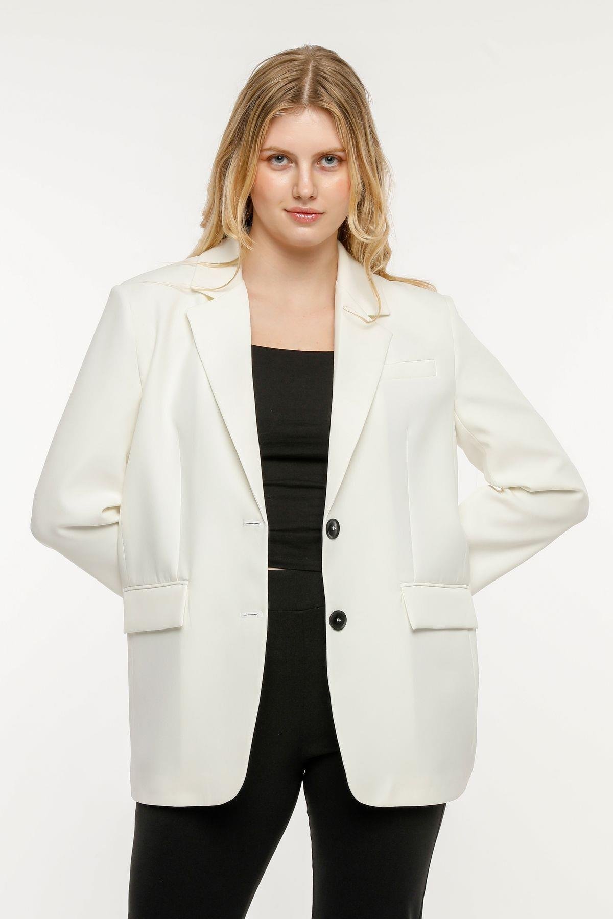 Ekru Kadın Düğmeli Oversize Blazer Ceket