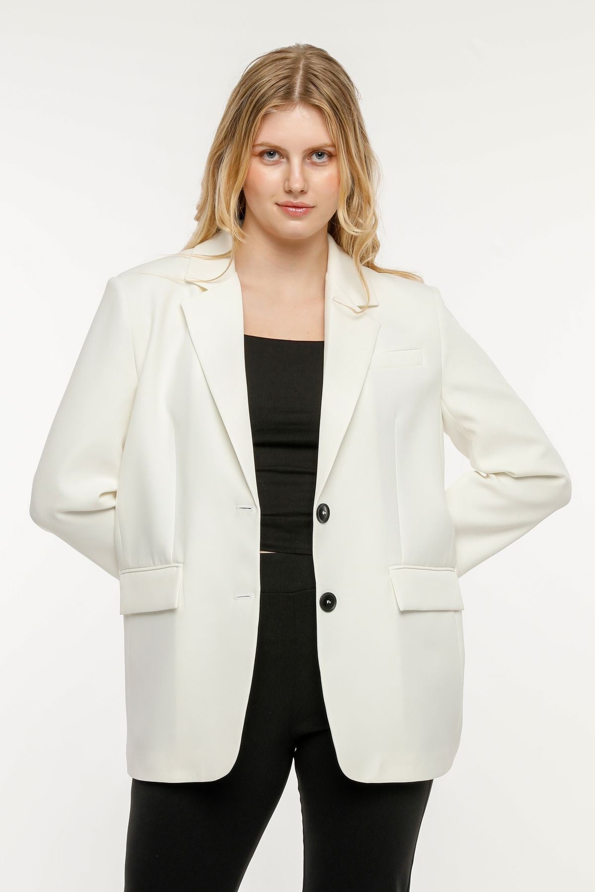 Ekru Kadın Düğmeli Oversize Blazer Ceket