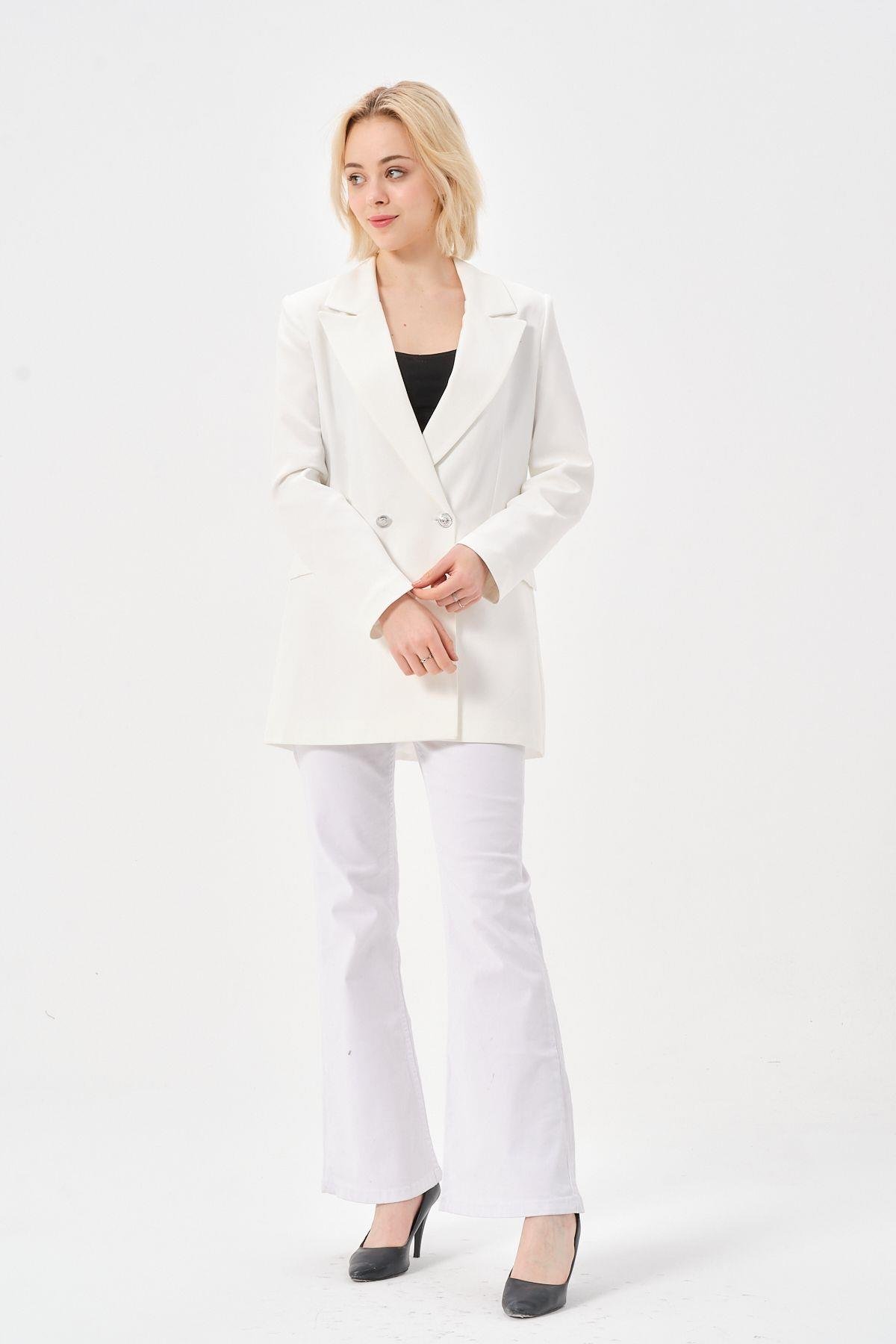 Ekru Oversize Dokuma Blazer Ceket