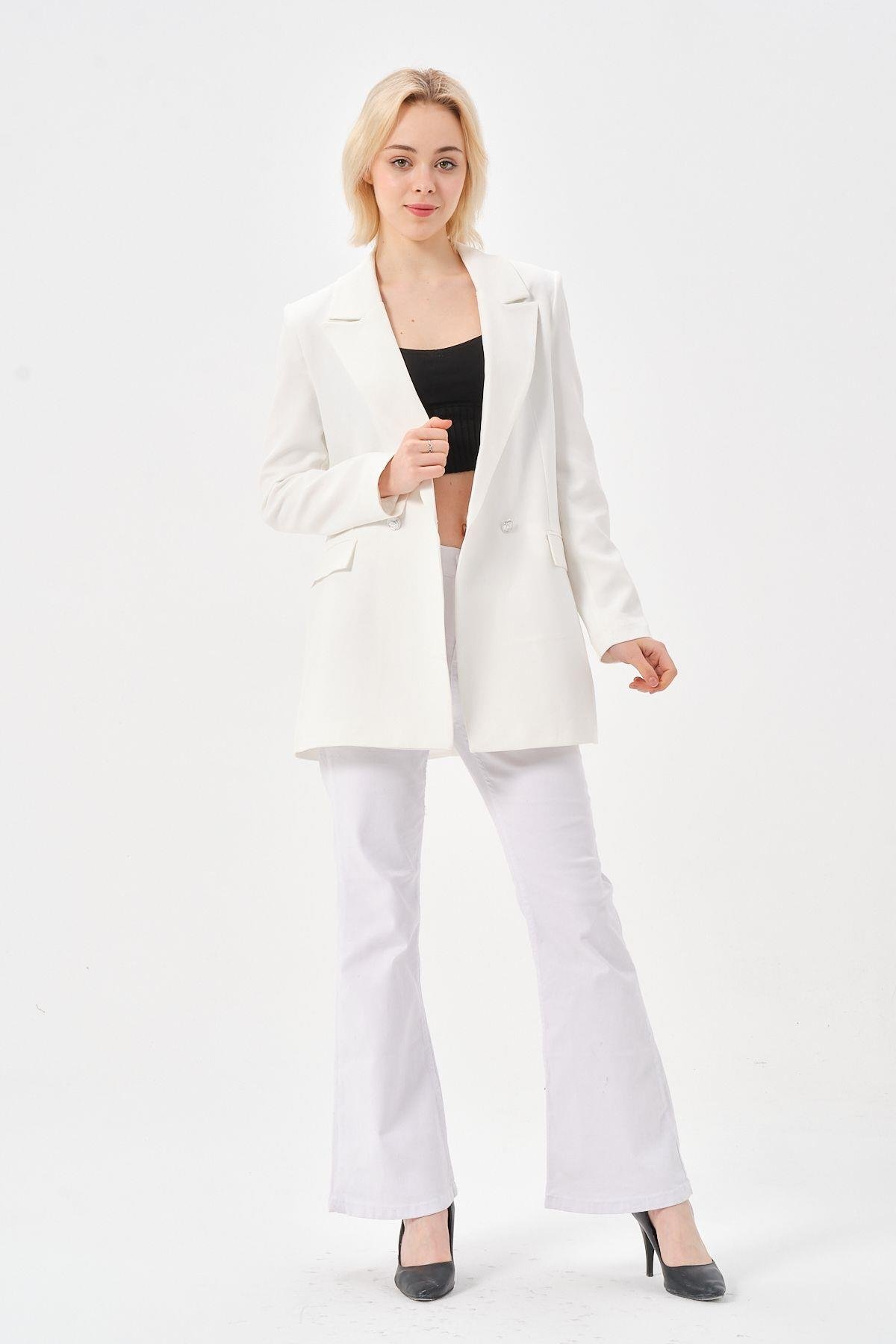Ekru Oversize Dokuma Blazer Ceket