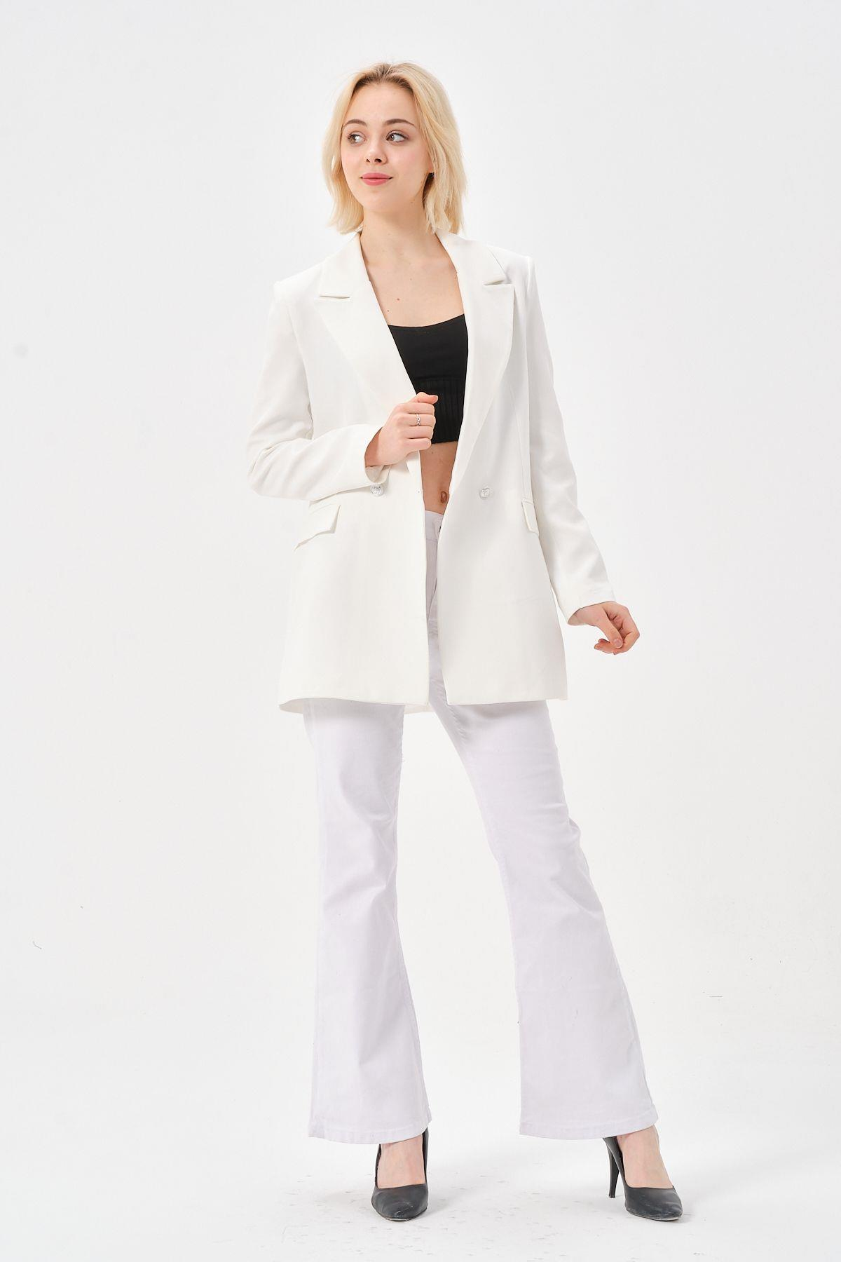 Ekru Oversize Dokuma Blazer Ceket