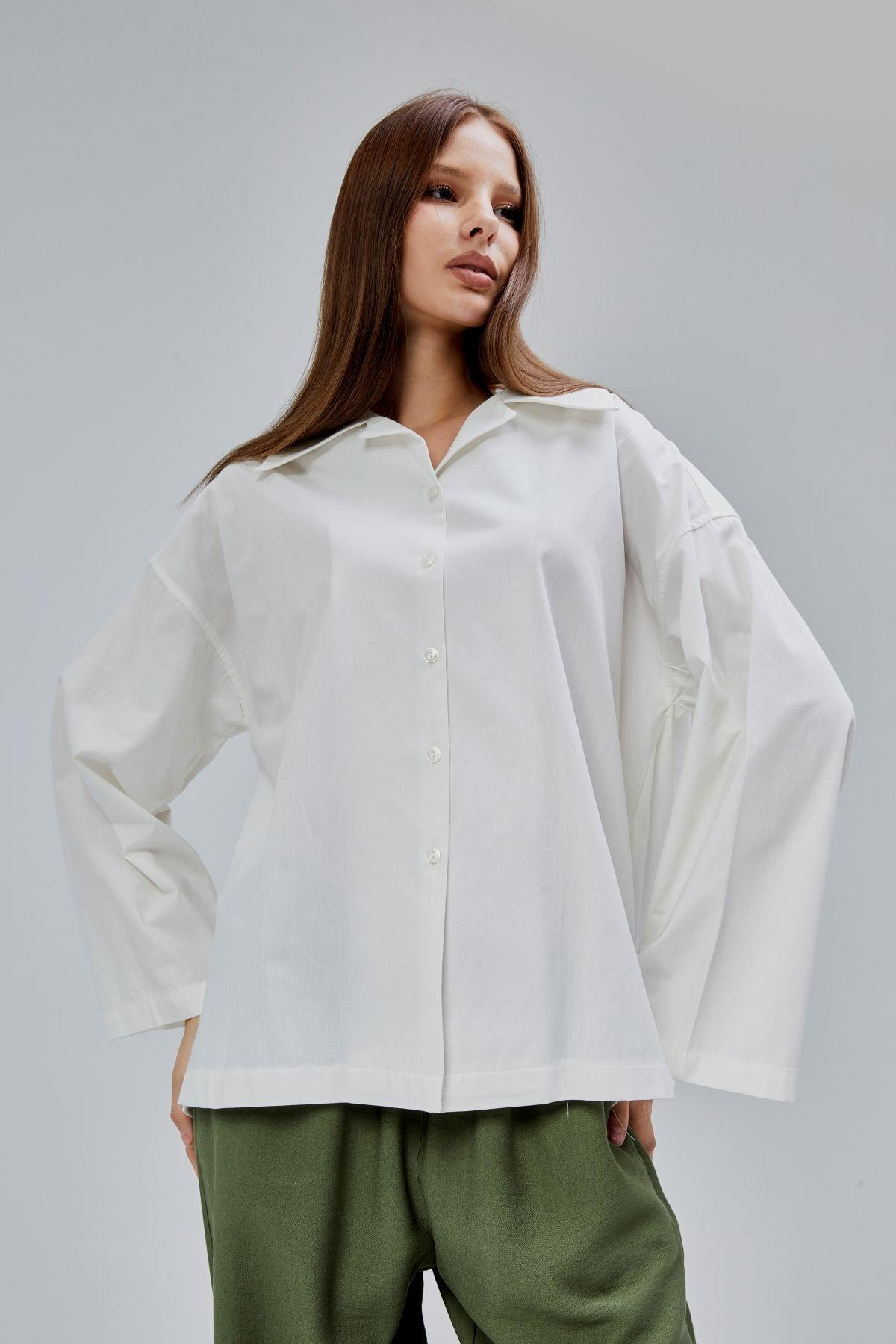 Ekru Oversize Poplin Gömlek