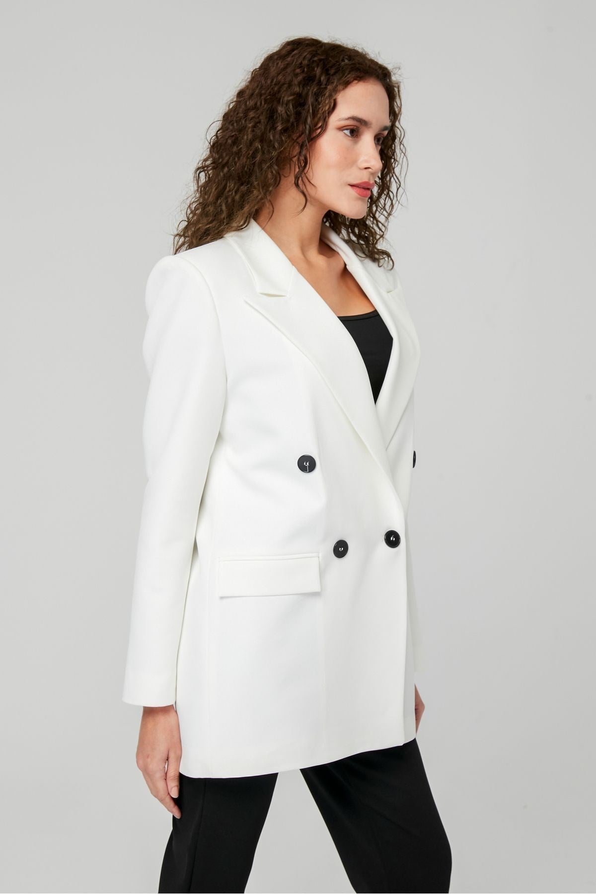 Ekru Regular Astarlı Kruvaze Kapama Dokuma Oversize Blazer Ceket