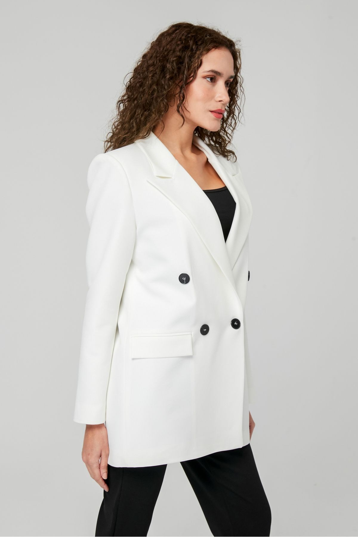 Ekru Regular Astarlı Kruvaze Kapama Dokuma Oversize Blazer Ceket