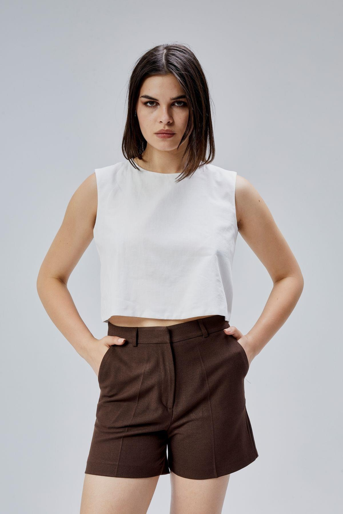 Ekru Regular Crop Bluz