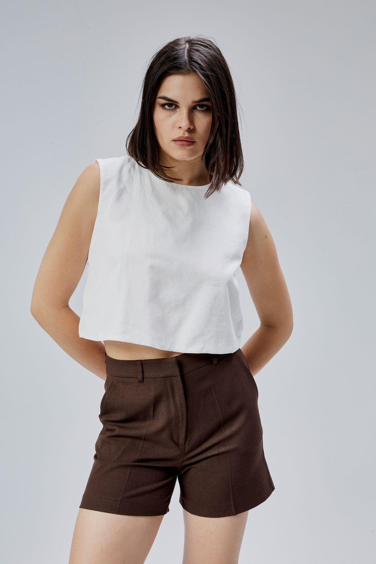 Ekru Regular Crop Bluz