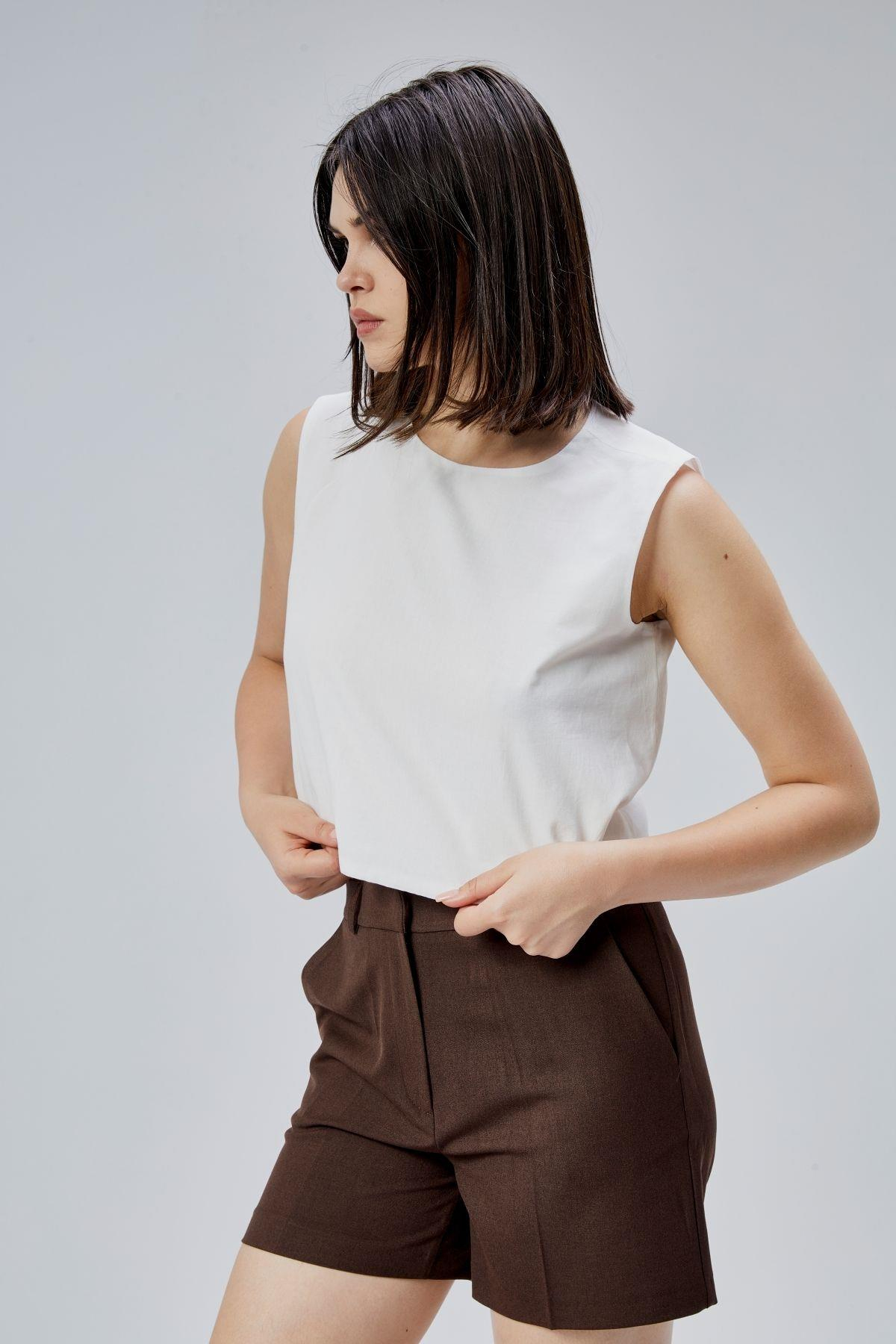 Ekru Regular Crop Bluz