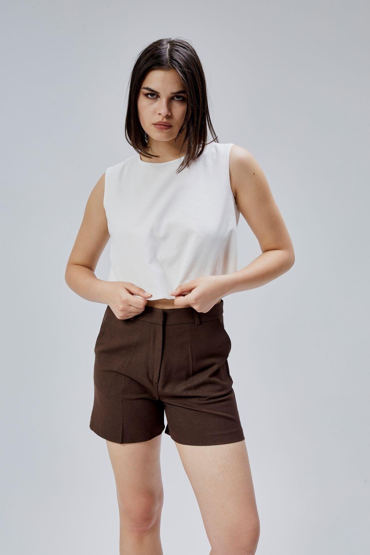 Ekru Regular Crop Bluz