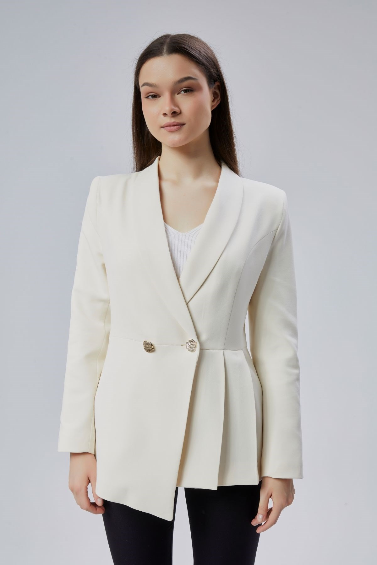 Ekru Regular Fit Pile Detaylı Blazer Ceket