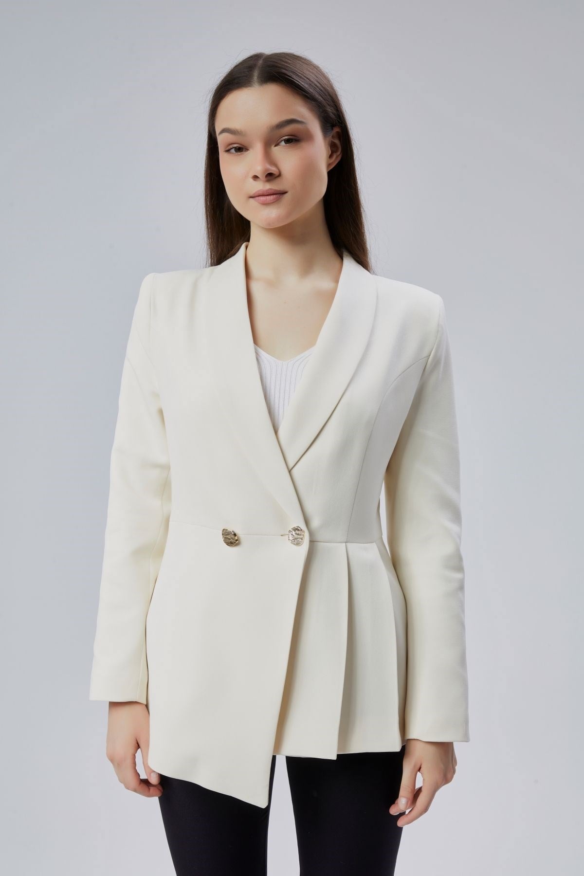 Ekru Regular Fit Pile Detaylı Blazer Ceket
