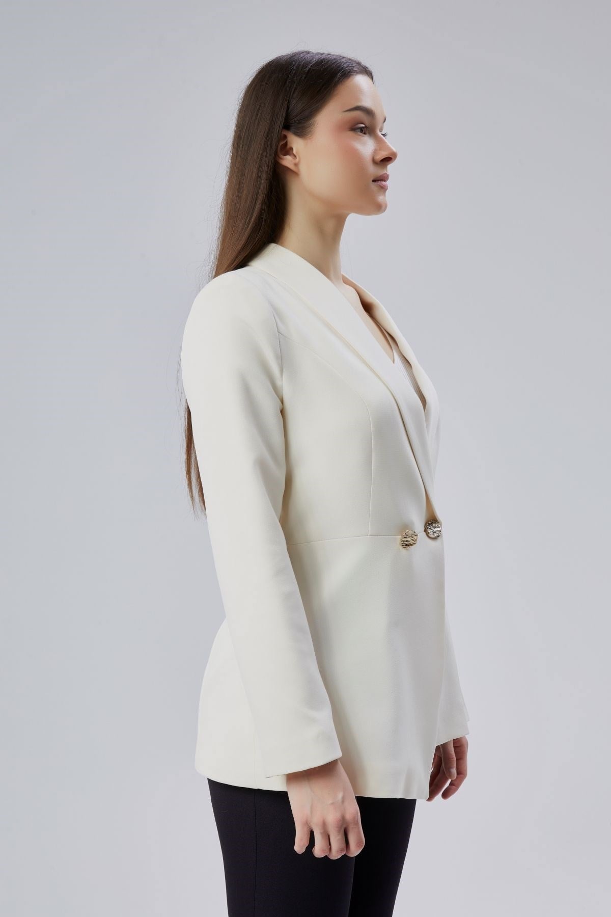 Ekru Regular Fit Pile Detaylı Blazer Ceket