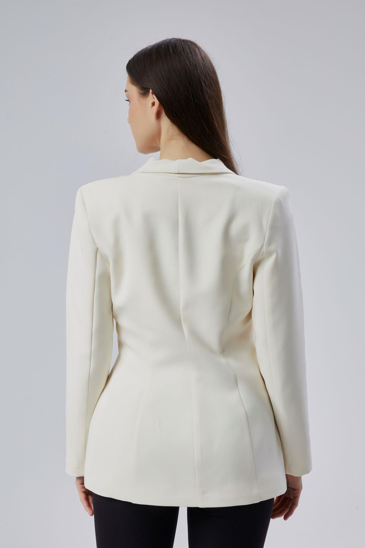Ekru Regular Fit Pile Detaylı Blazer Ceket