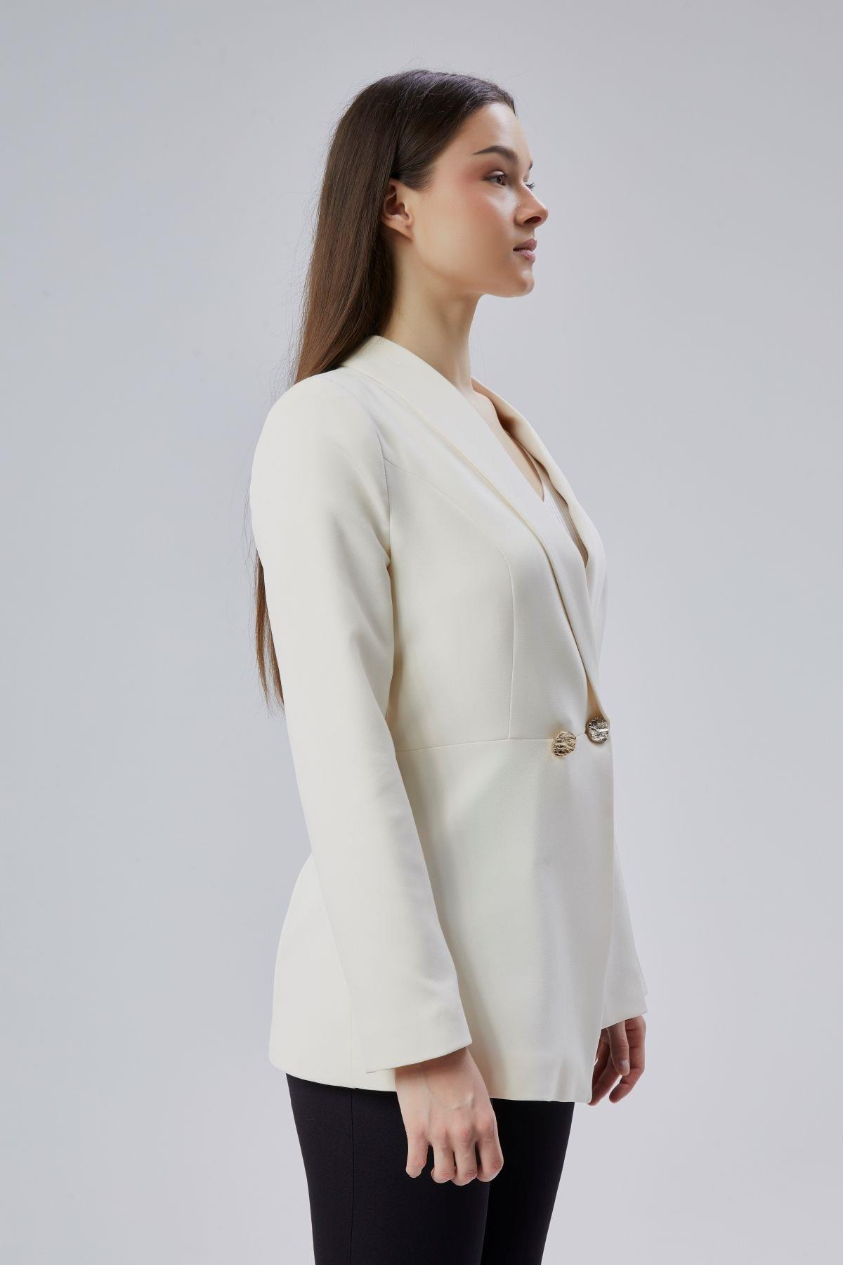 Ekru Regular Fit Pile Detaylı Blazer Ceket