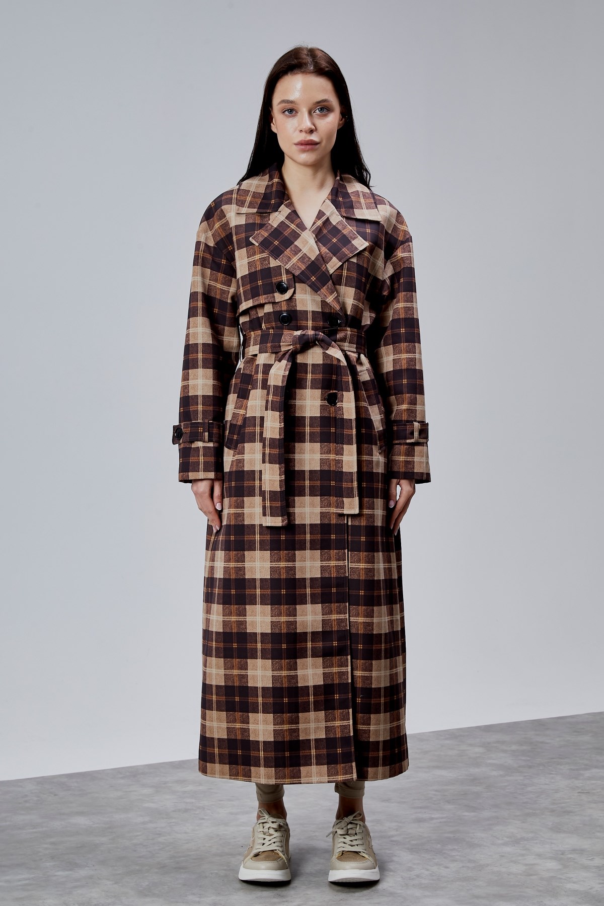 Elora Kahverengi Ekose Detaylı Premium Oversize Trençkot 46650