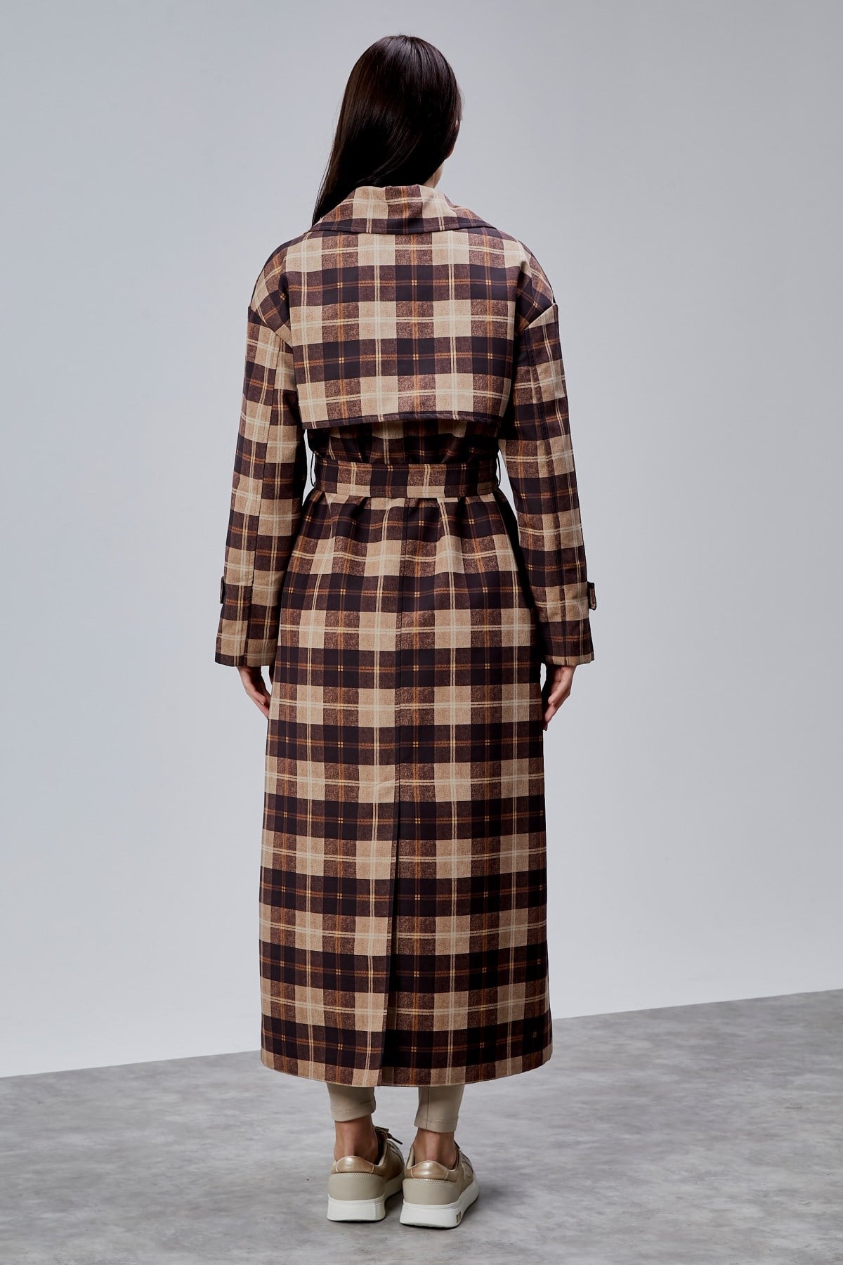 Elora Kahverengi Ekose Detaylı Premium Oversize Trençkot 46650