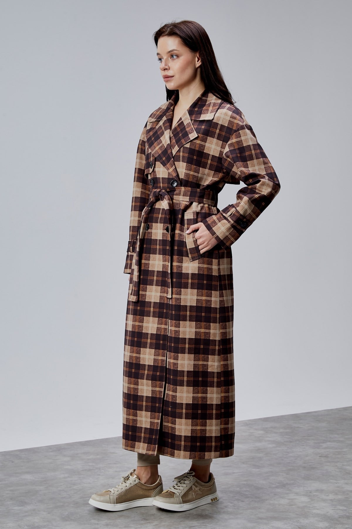 Elora Kahverengi Ekose Detaylı Premium Oversize Trençkot 46650