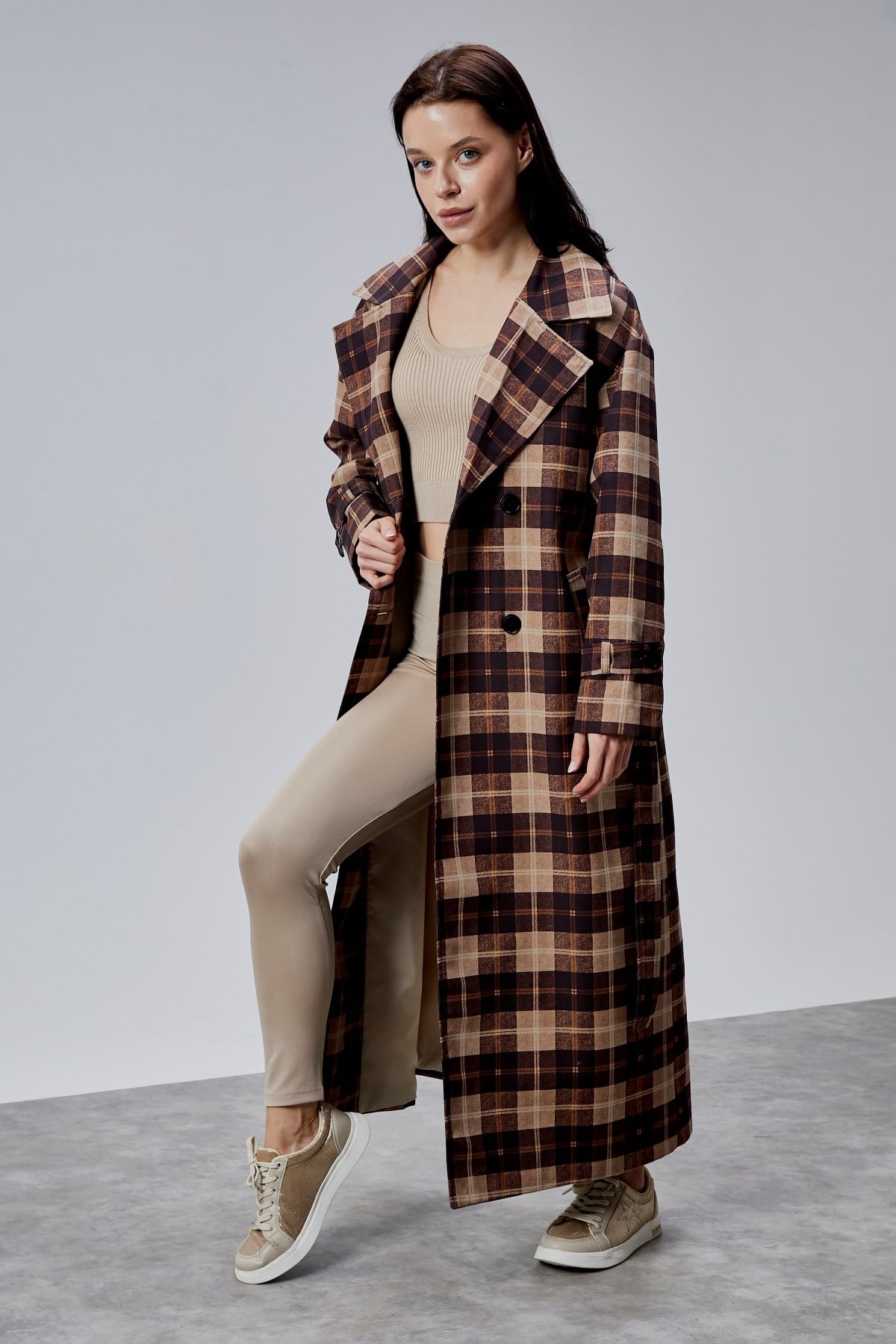 Elora Kahverengi Ekose Detaylı Premium Oversize Trençkot 46650