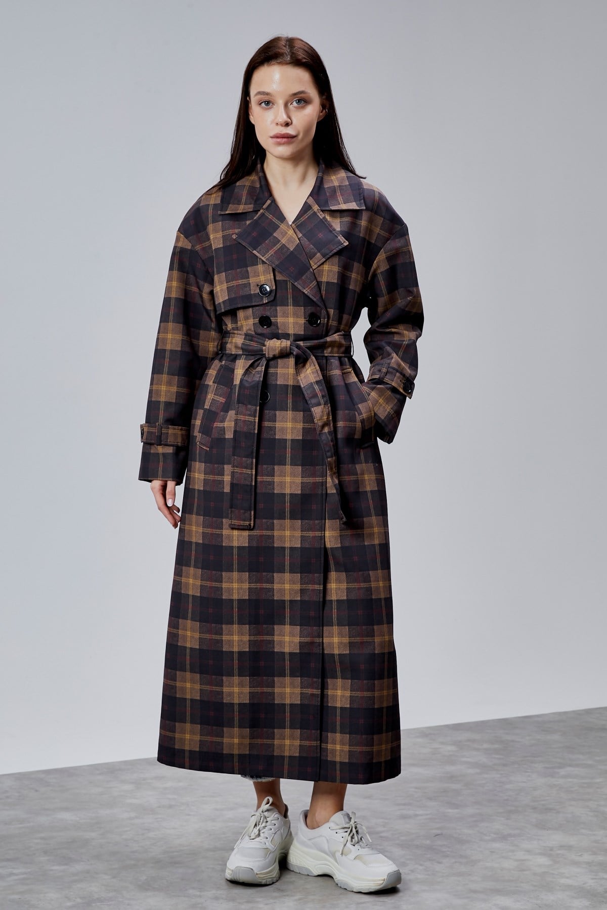 Elora Lacivert Ekose Detaylı Premium Oversize Trençkot 46650