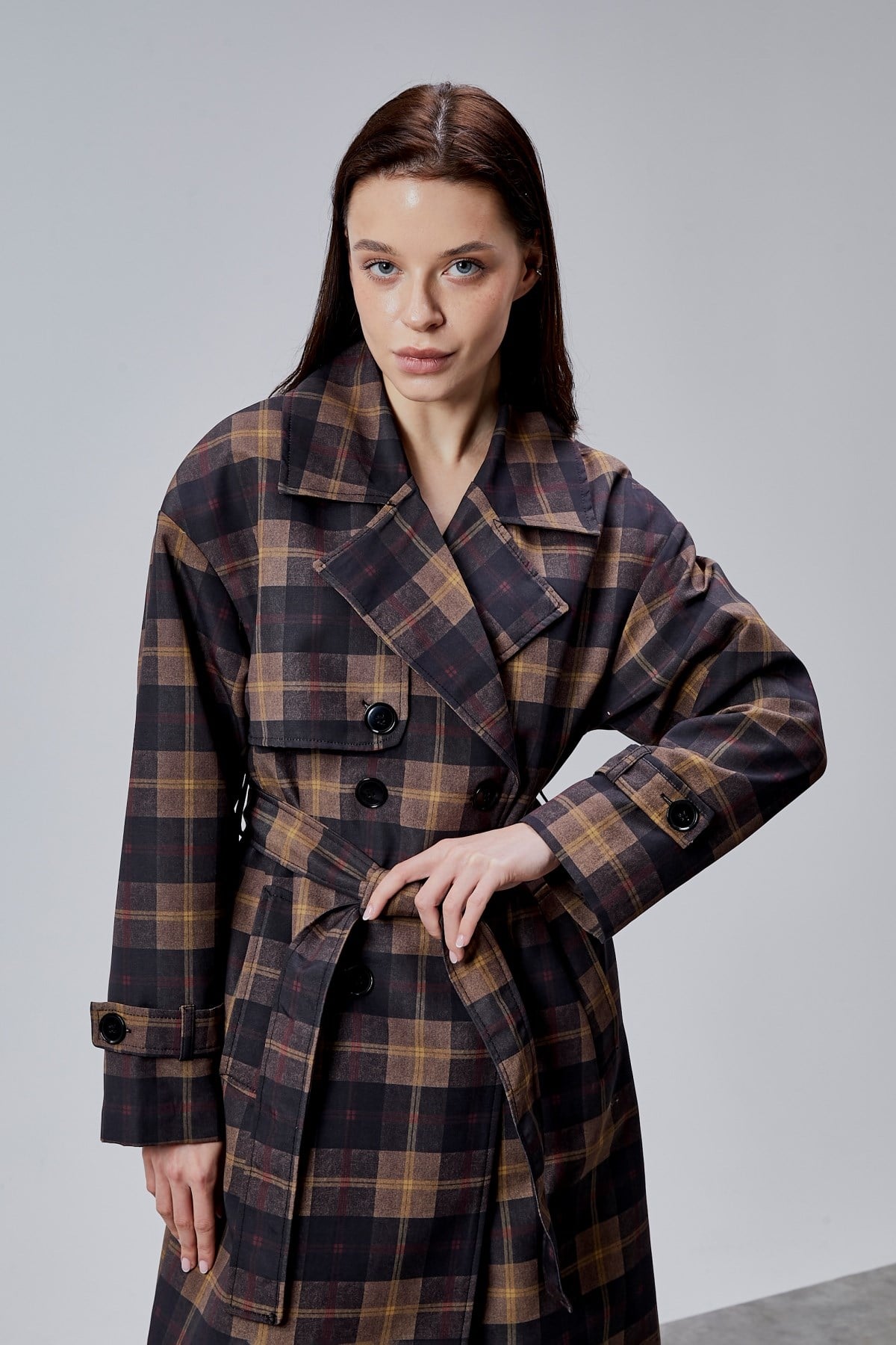 Elora Lacivert Ekose Detaylı Premium Oversize Trençkot 46650