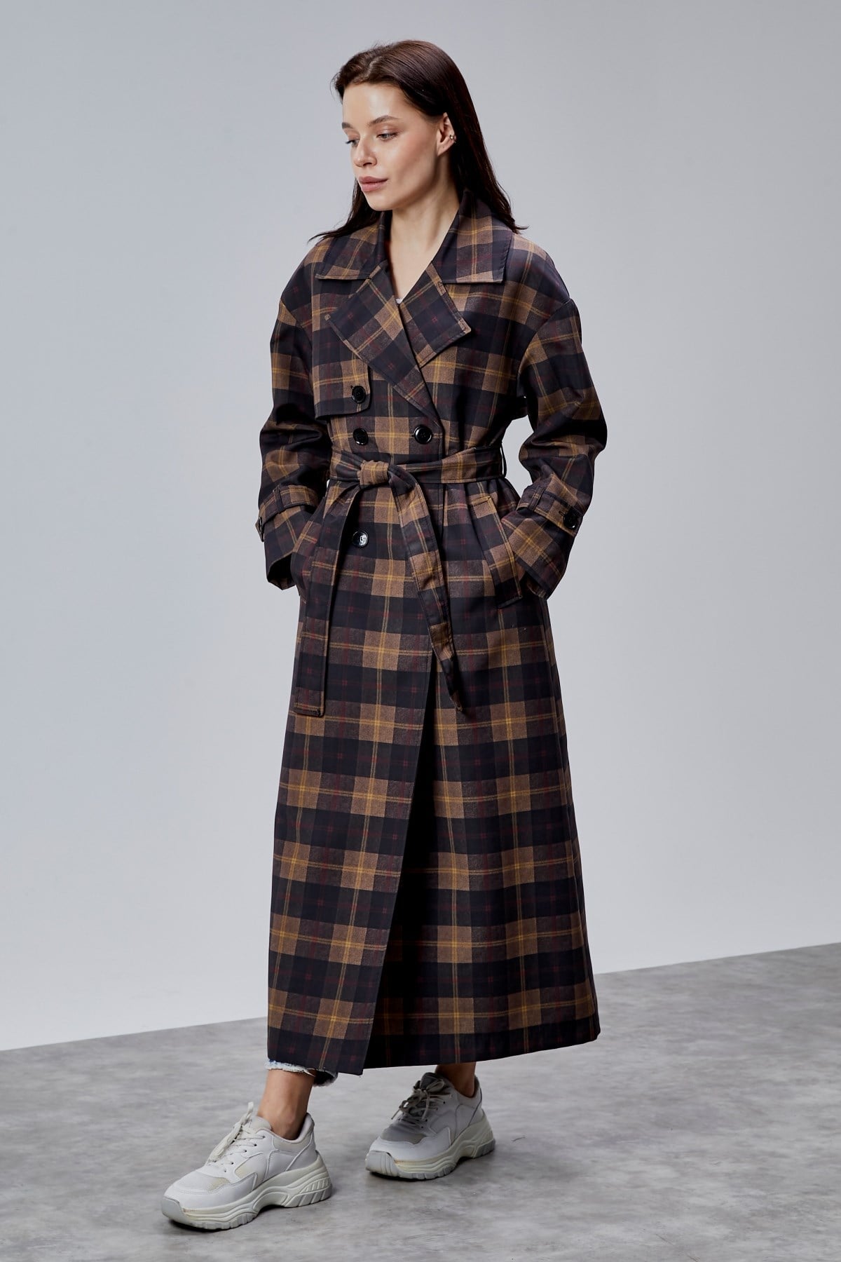 Elora Lacivert Ekose Detaylı Premium Oversize Trençkot 46650