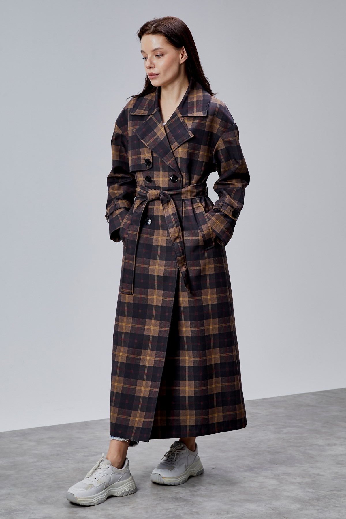Elora Lacivert Ekose Detaylı Premium Oversize Trençkot 46650