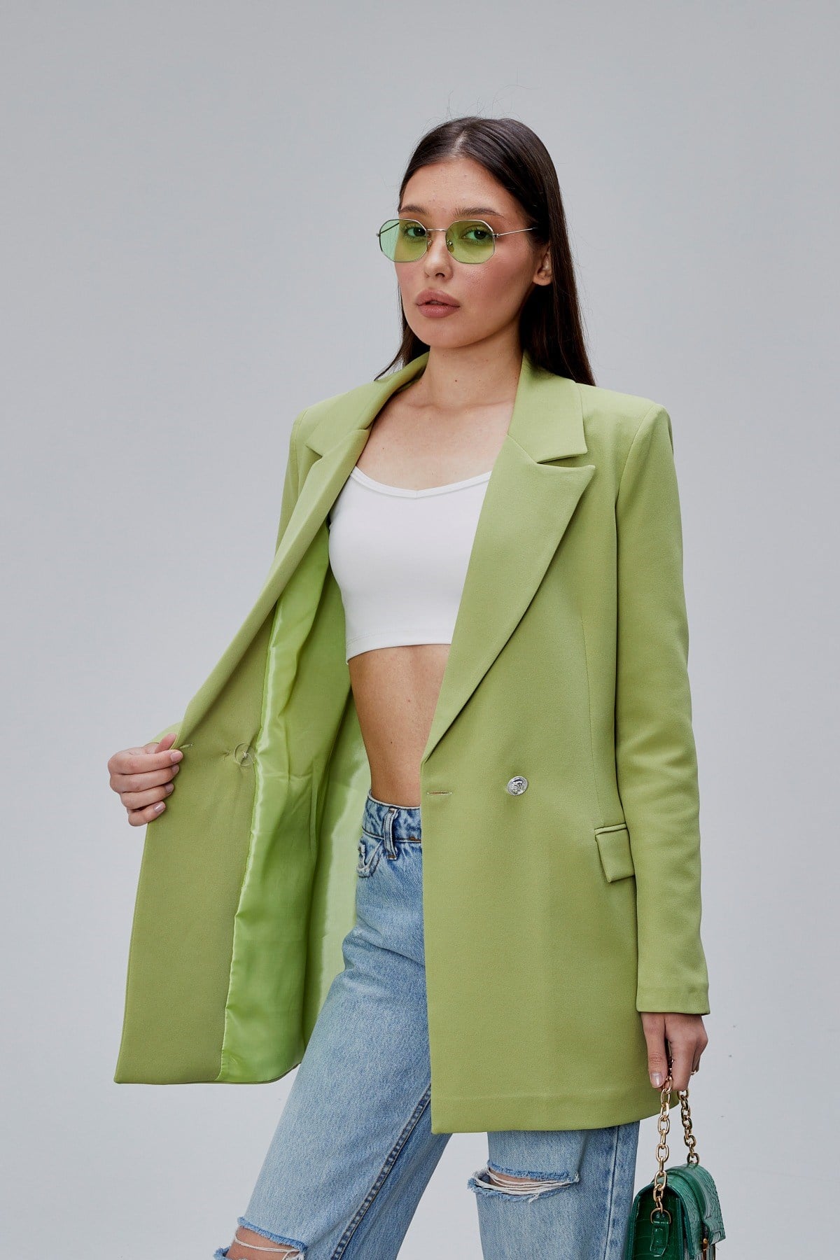 Fıstık Yeşili Oversize Dokuma Blazer Ceket