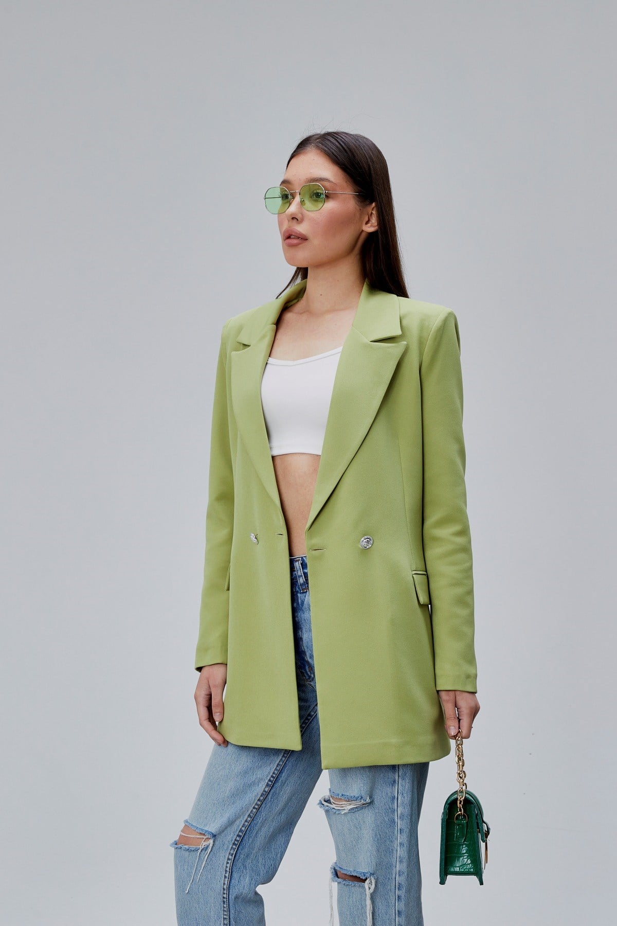 Fıstık Yeşili Oversize Dokuma Blazer Ceket