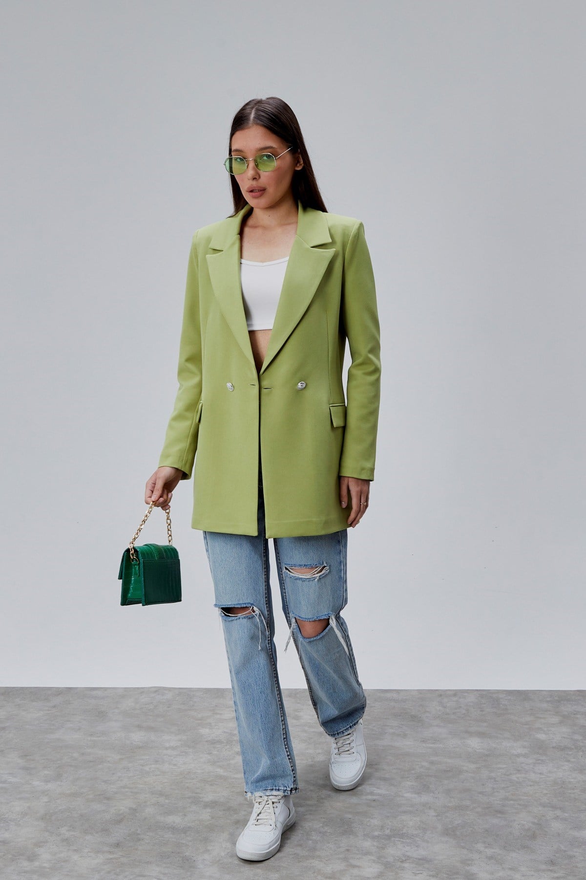 Fıstık Yeşili Oversize Dokuma Blazer Ceket
