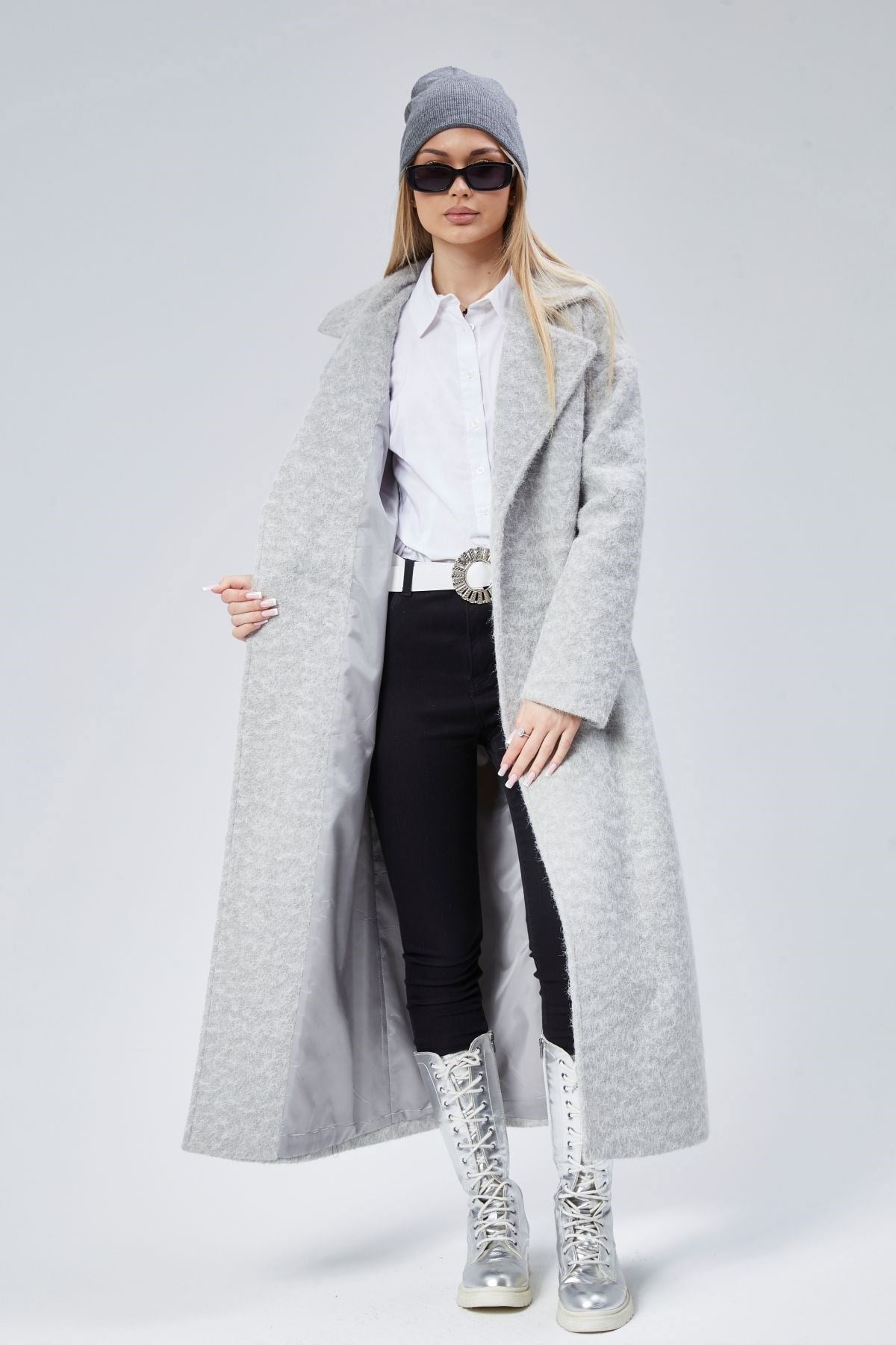 Gri Buklet Kaşe Oversize Kaban