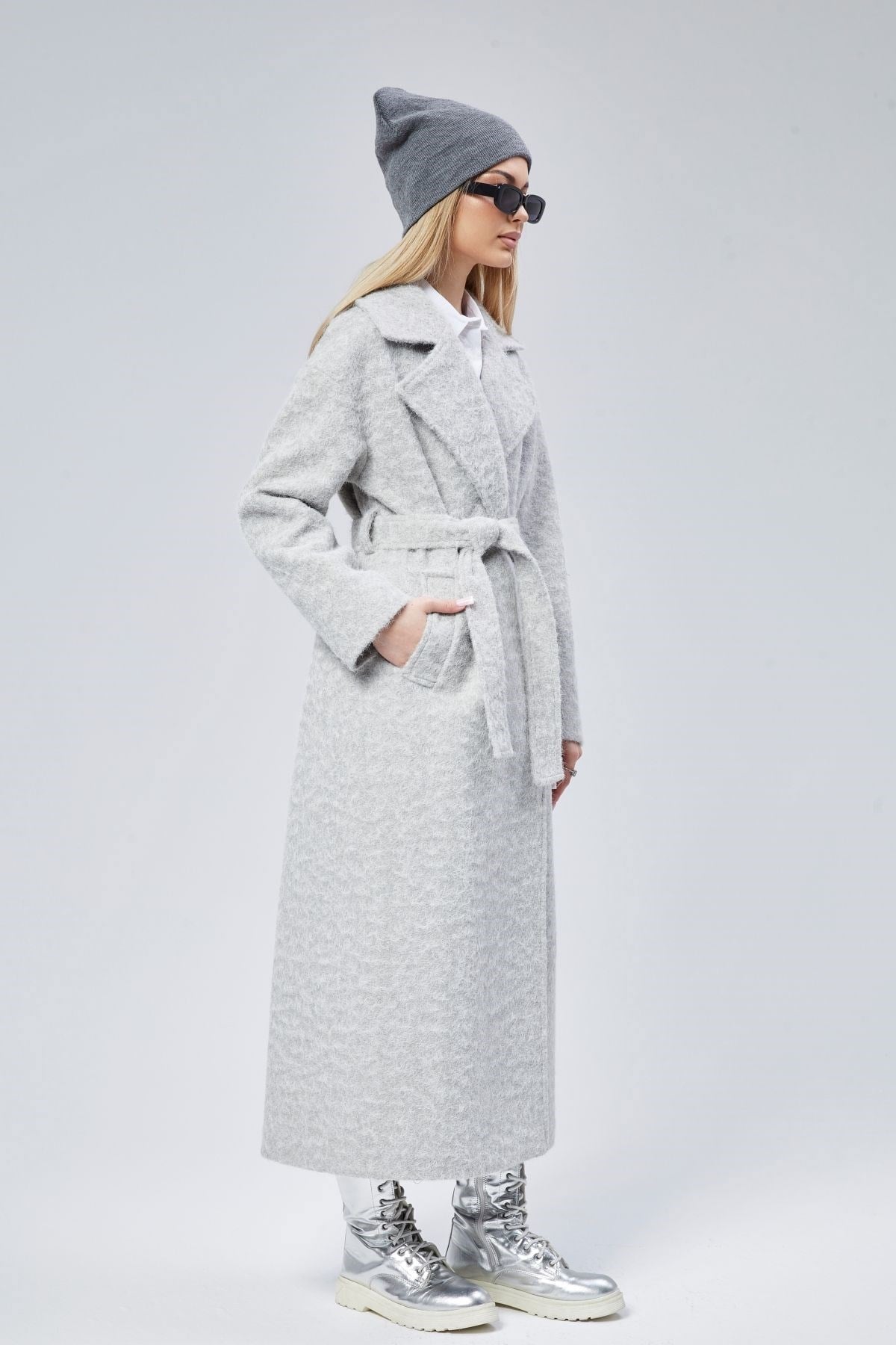 Gri Buklet Kaşe Oversize Kaban