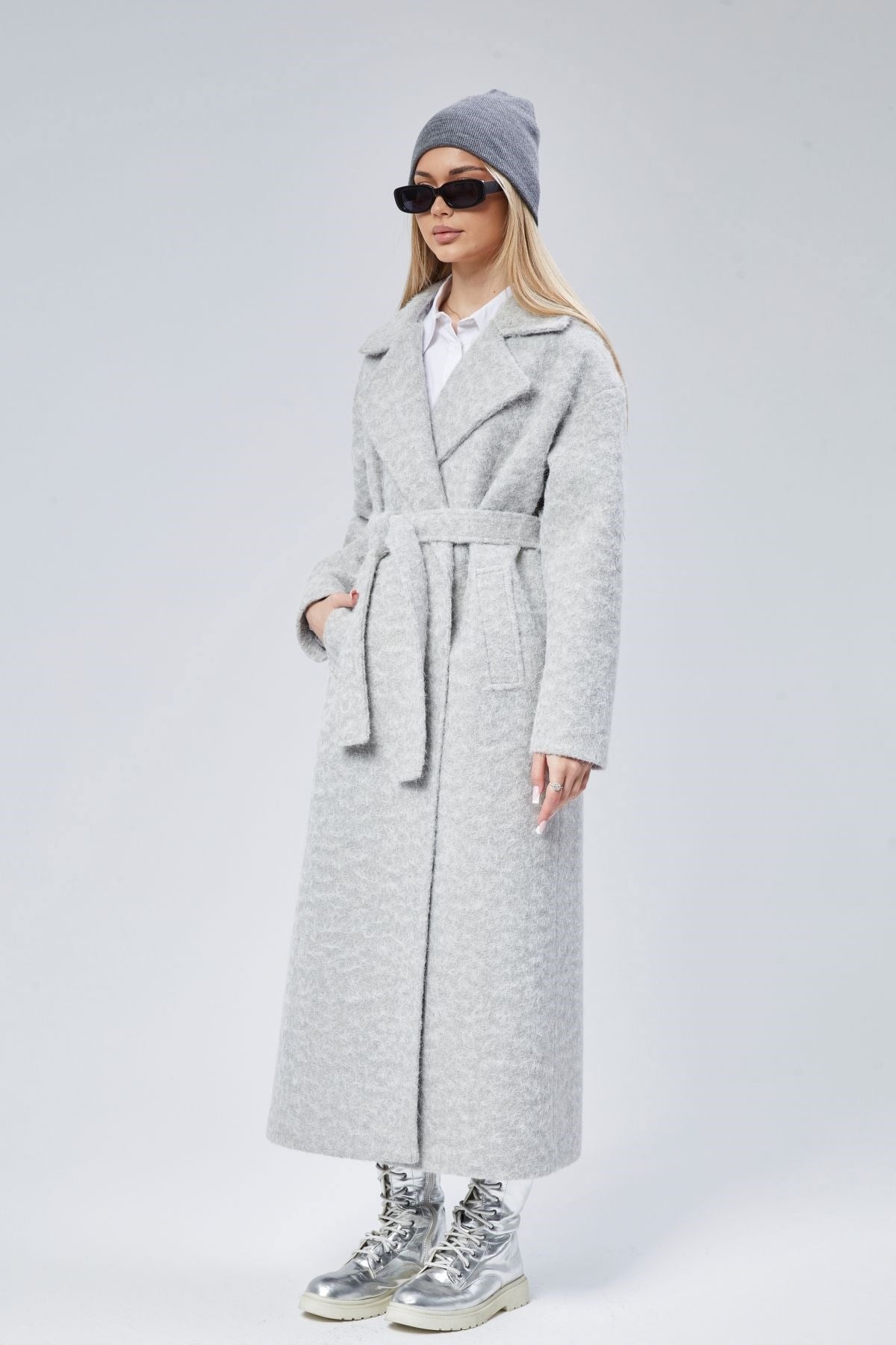 Gri Buklet Kaşe Oversize Kaban