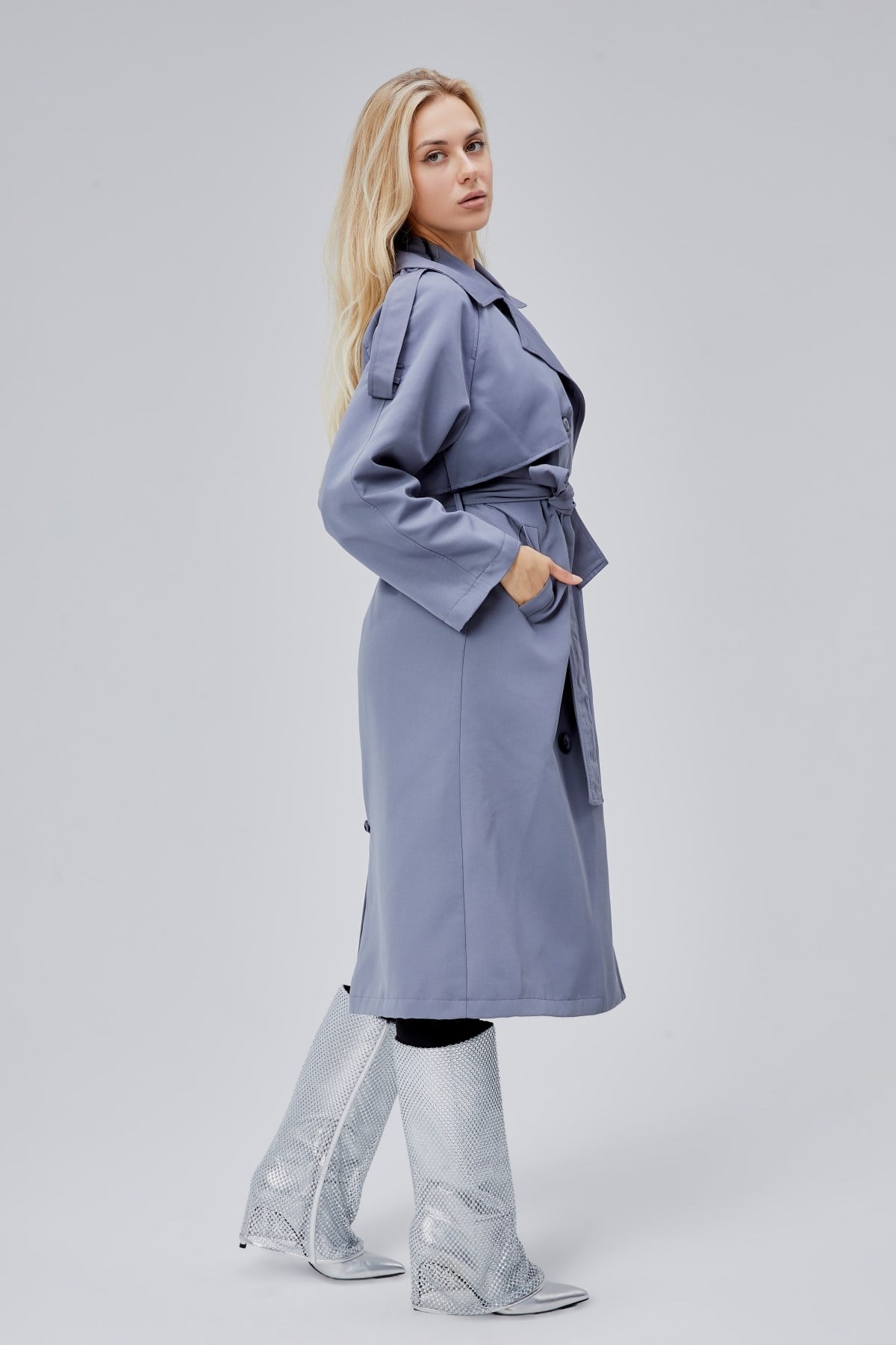 Gri Oversize Astarlı Uzun Trençkot