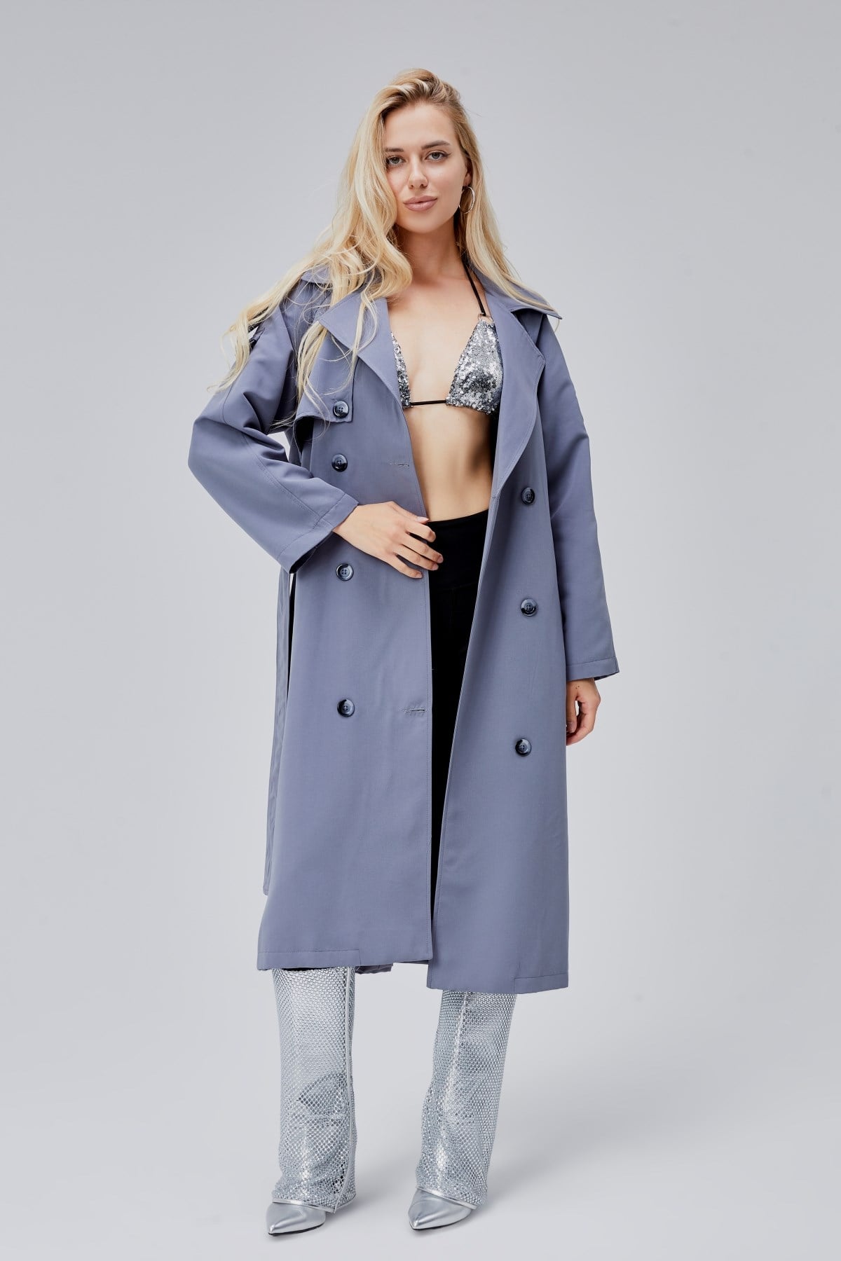 Gri Oversize Astarlı Uzun Trençkot