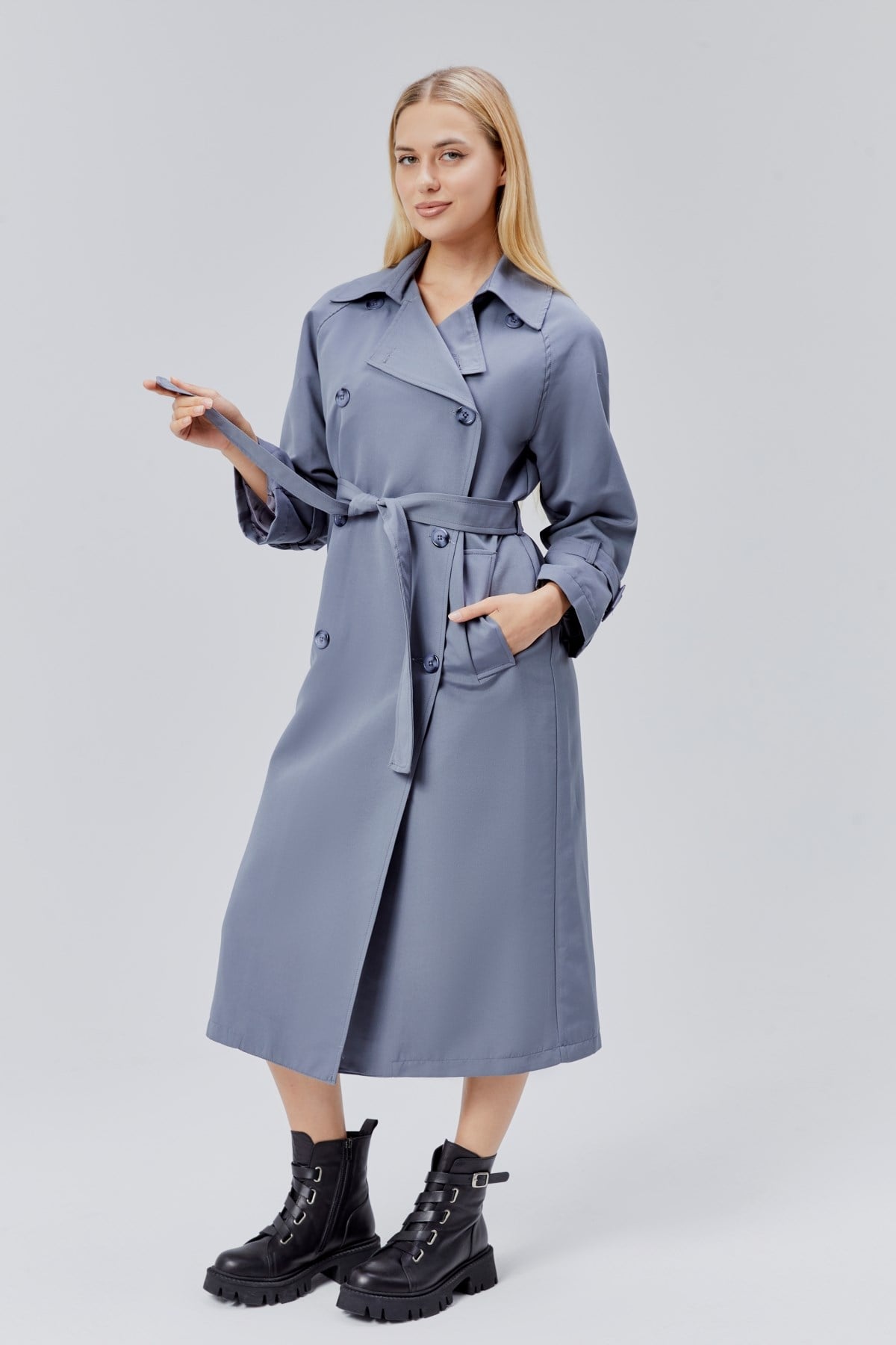 Gri Oversize Kuşaklı Trençkot