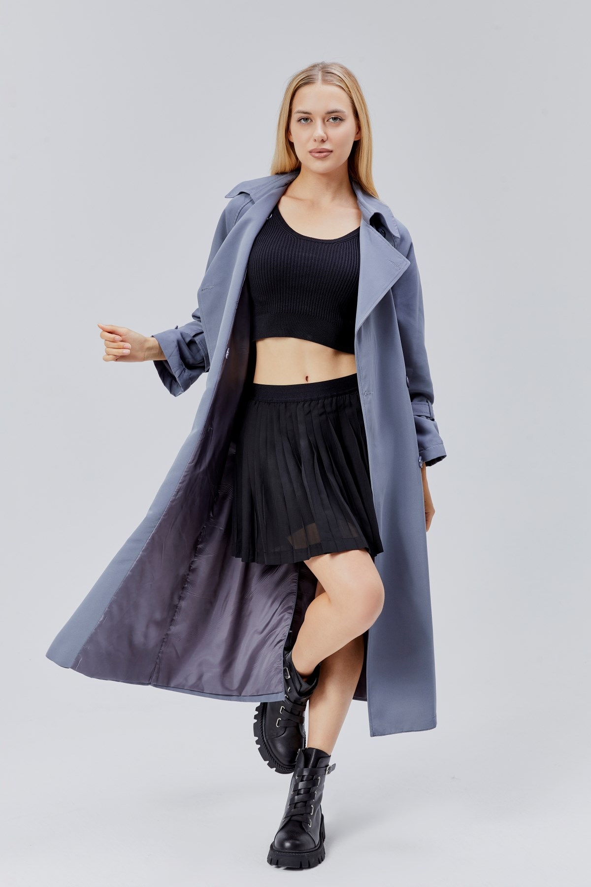 Gri Oversize Kuşaklı Trençkot