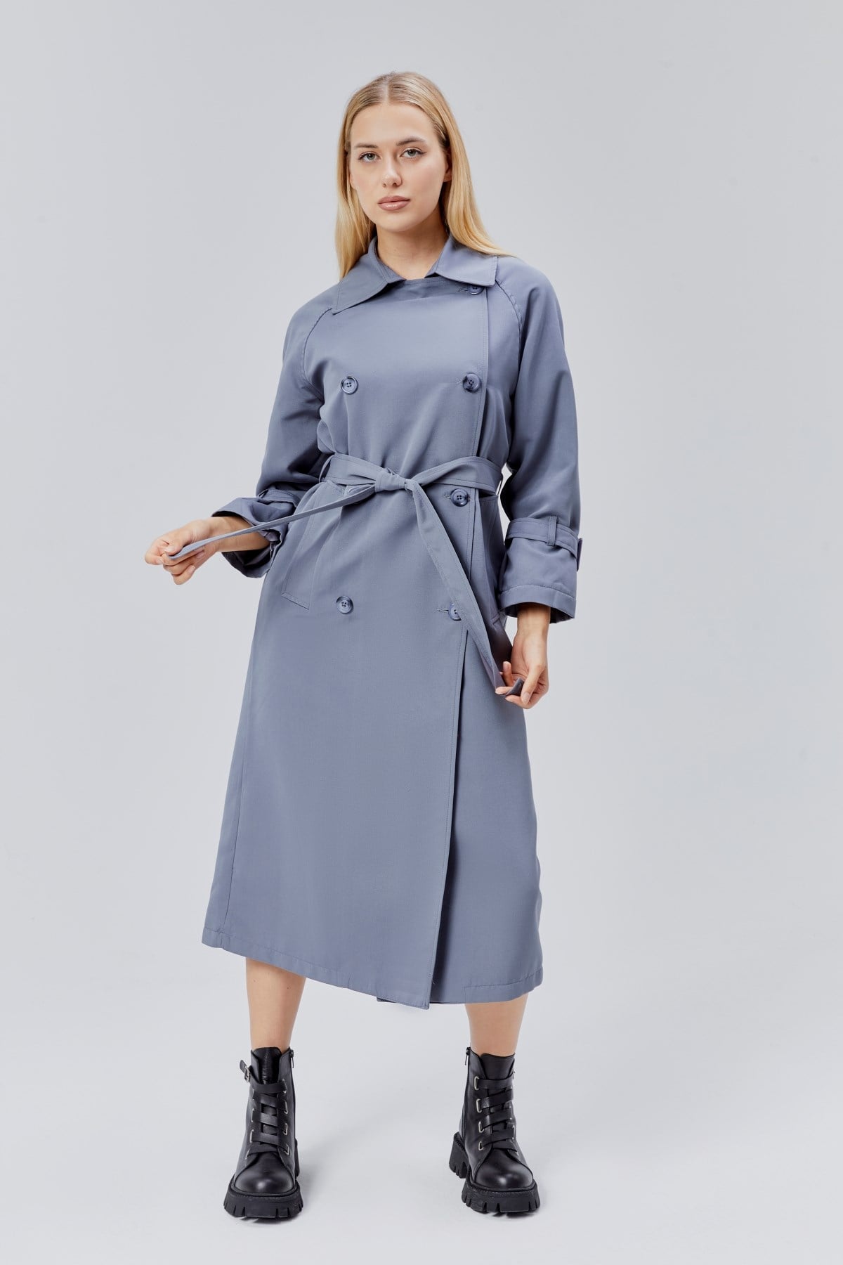 Gri Oversize Kuşaklı Trençkot