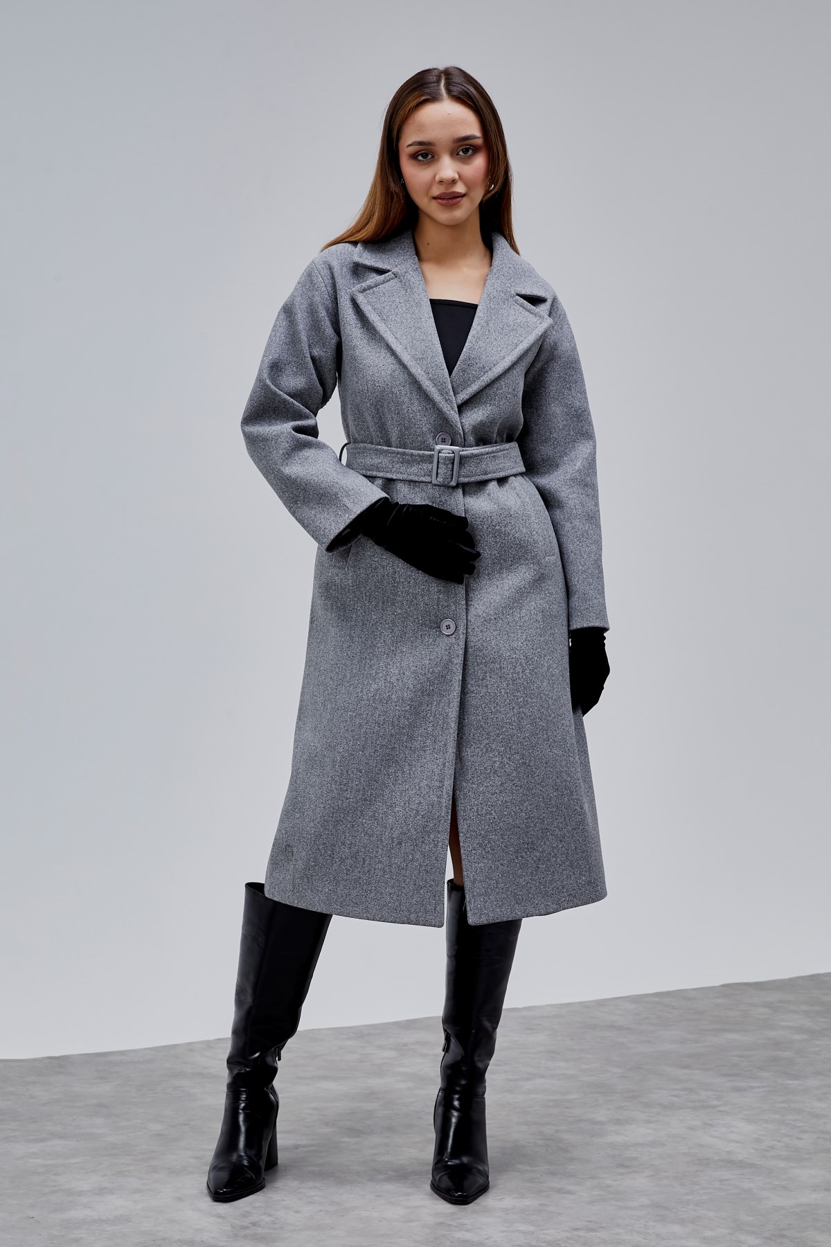 Gri Premium Oversize Kemerli Kaşe Kaban