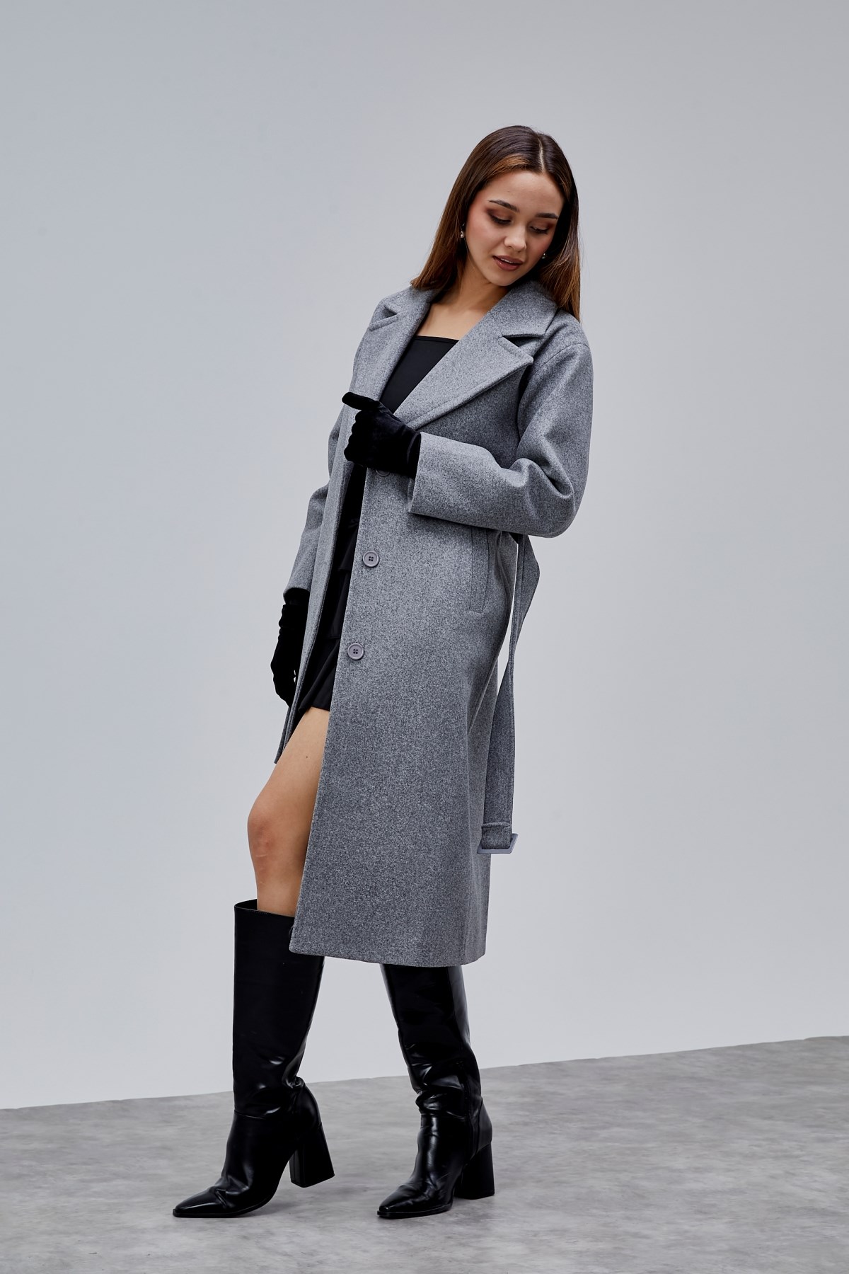 Gri Premium Oversize Kemerli Kaşe Kaban