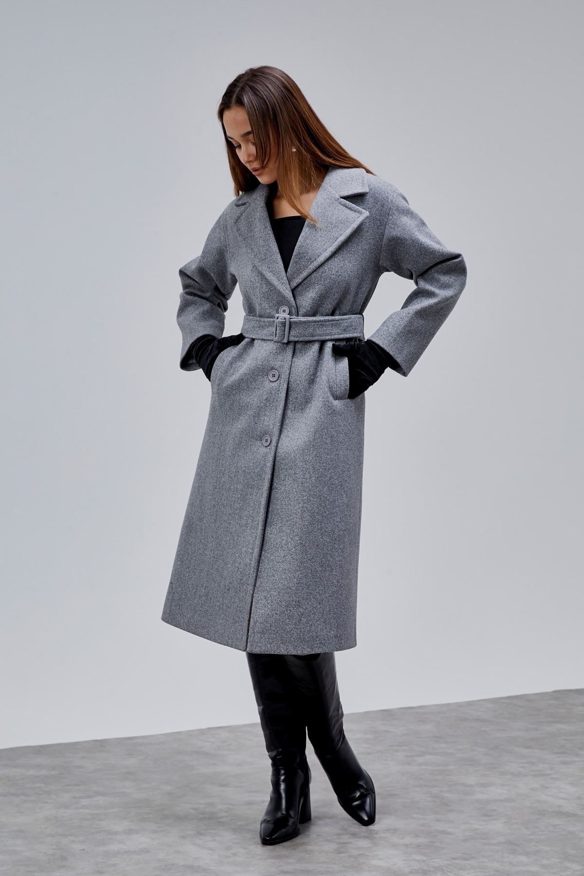 Gri Premium Oversize Kemerli Kaşe Kaban