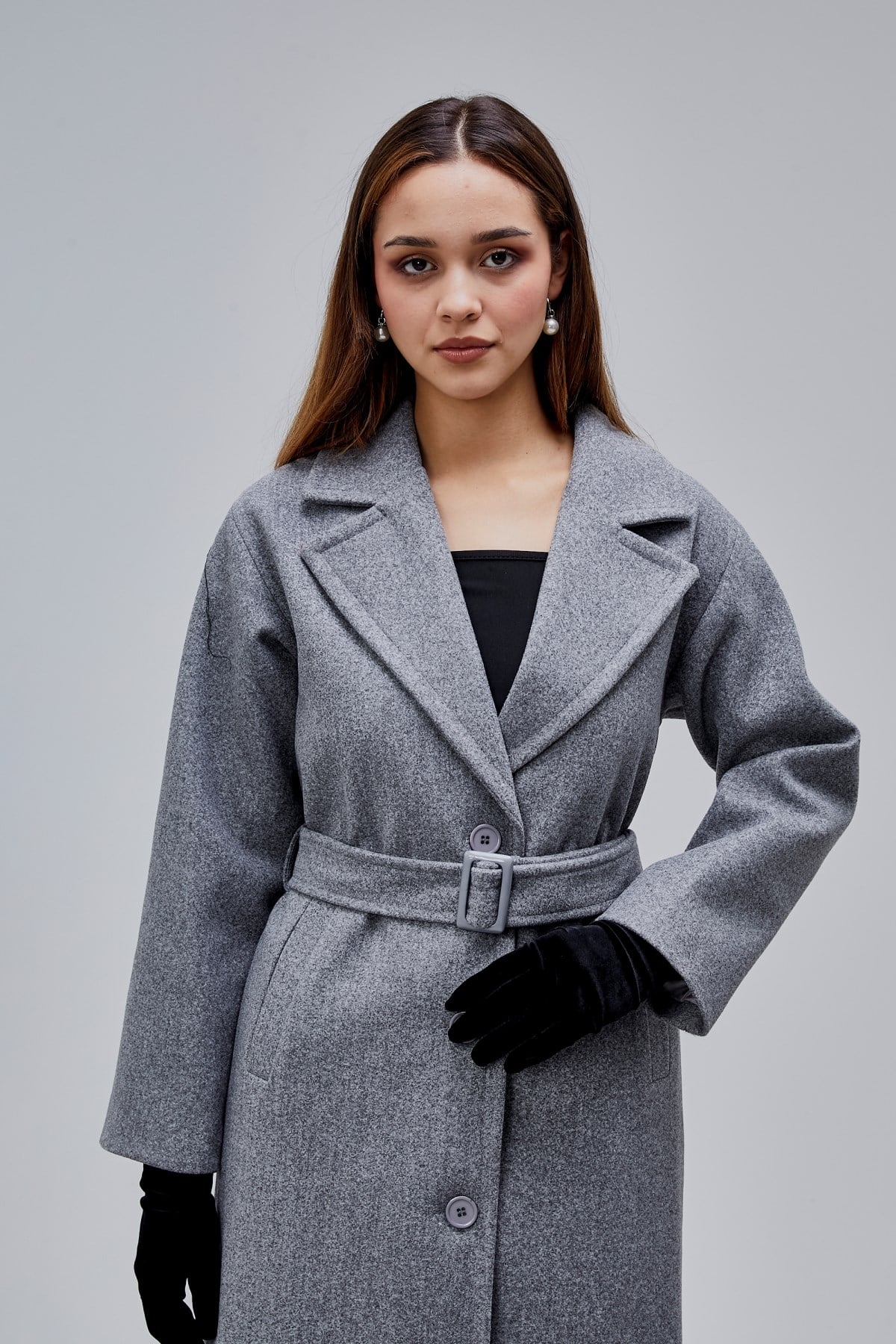 Gri Premium Oversize Kemerli Kaşe Kaban