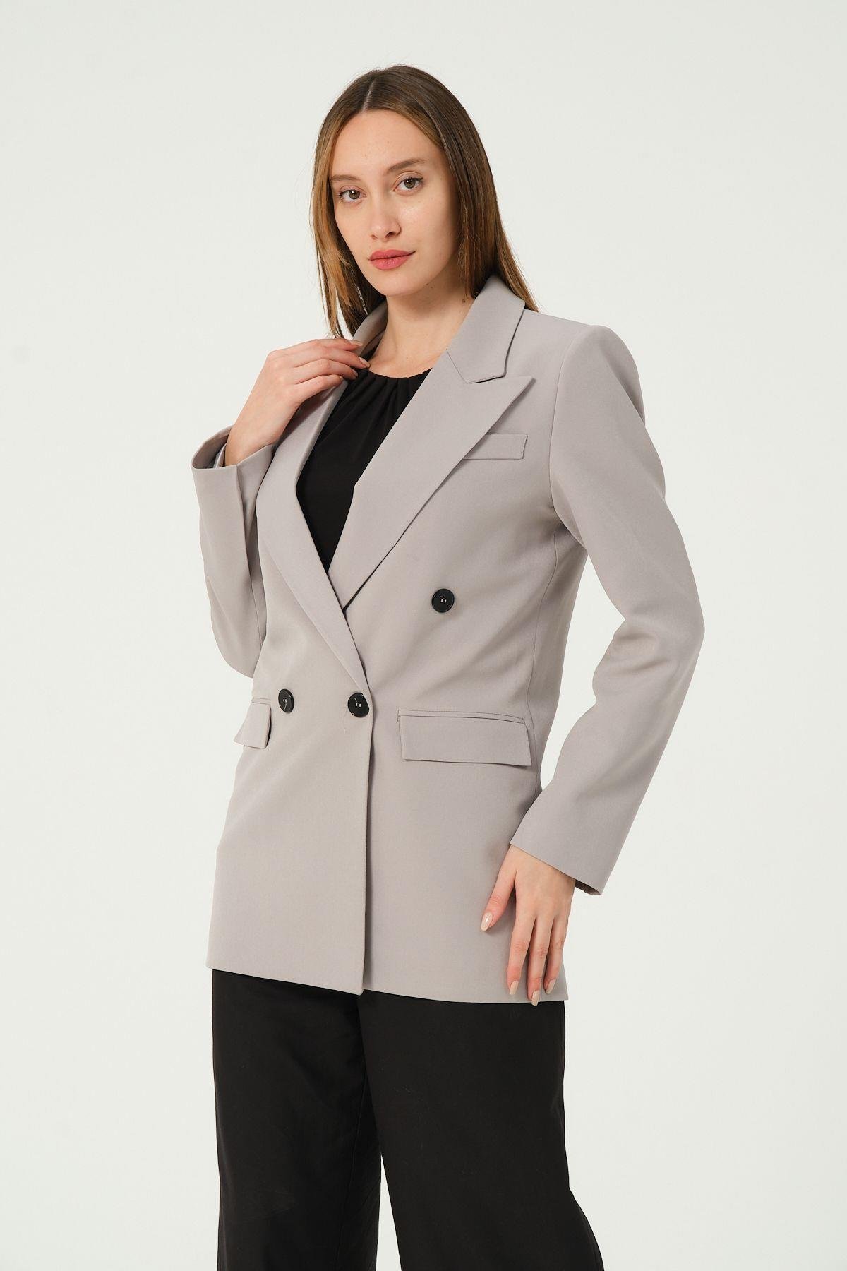 Gri Regular Astarlı Kruvaze Kapama Dokuma Oversize Blazer Ceket