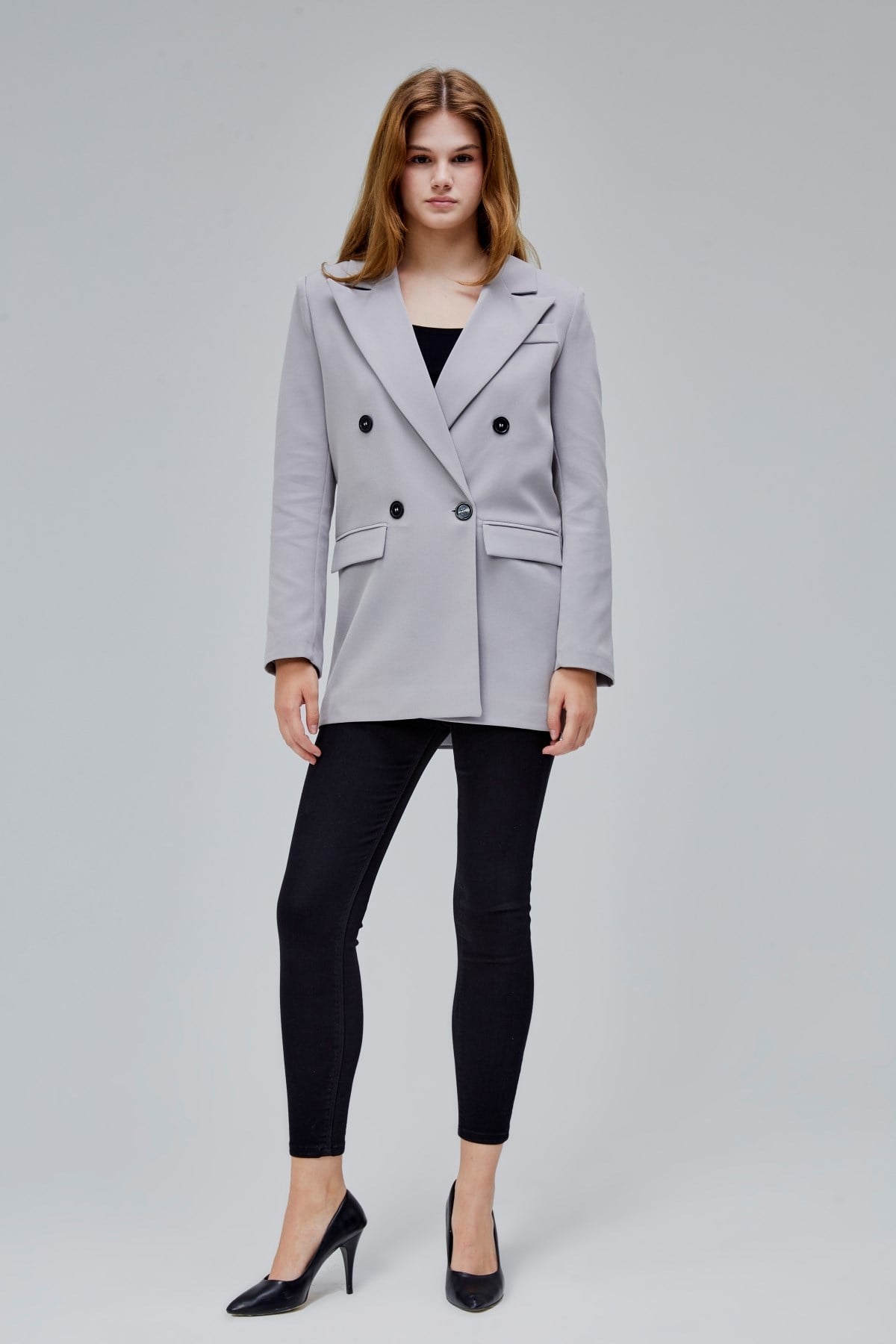 Gri Regular Astarlı Kruvaze Kapama Dokuma Oversize Blazer Ceket