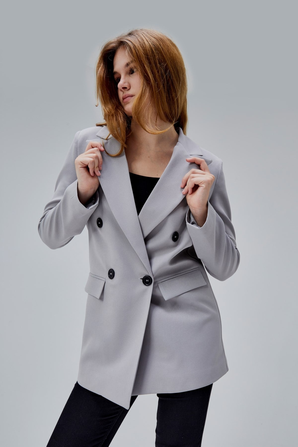 Gri Regular Astarlı Kruvaze Kapama Dokuma Oversize Blazer Ceket