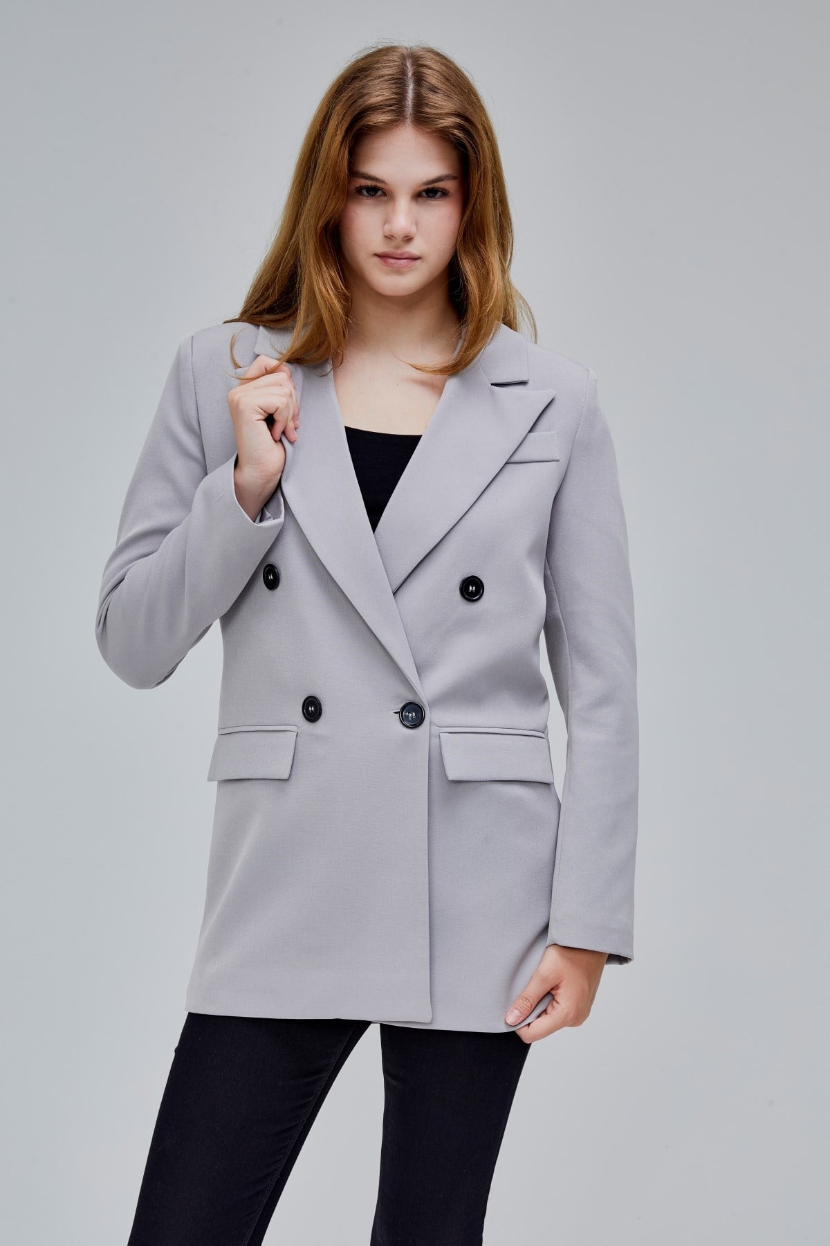 Gri Regular Astarlı Kruvaze Kapama Dokuma Oversize Blazer Ceket