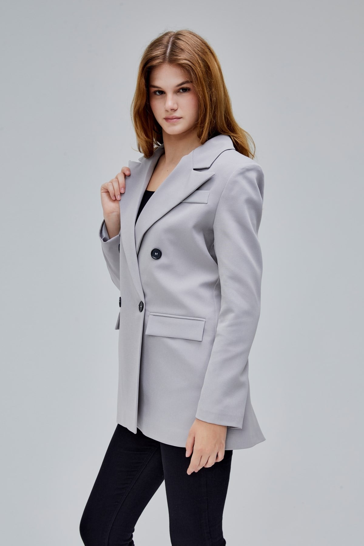 Gri Regular Astarlı Kruvaze Kapama Dokuma Oversize Blazer Ceket